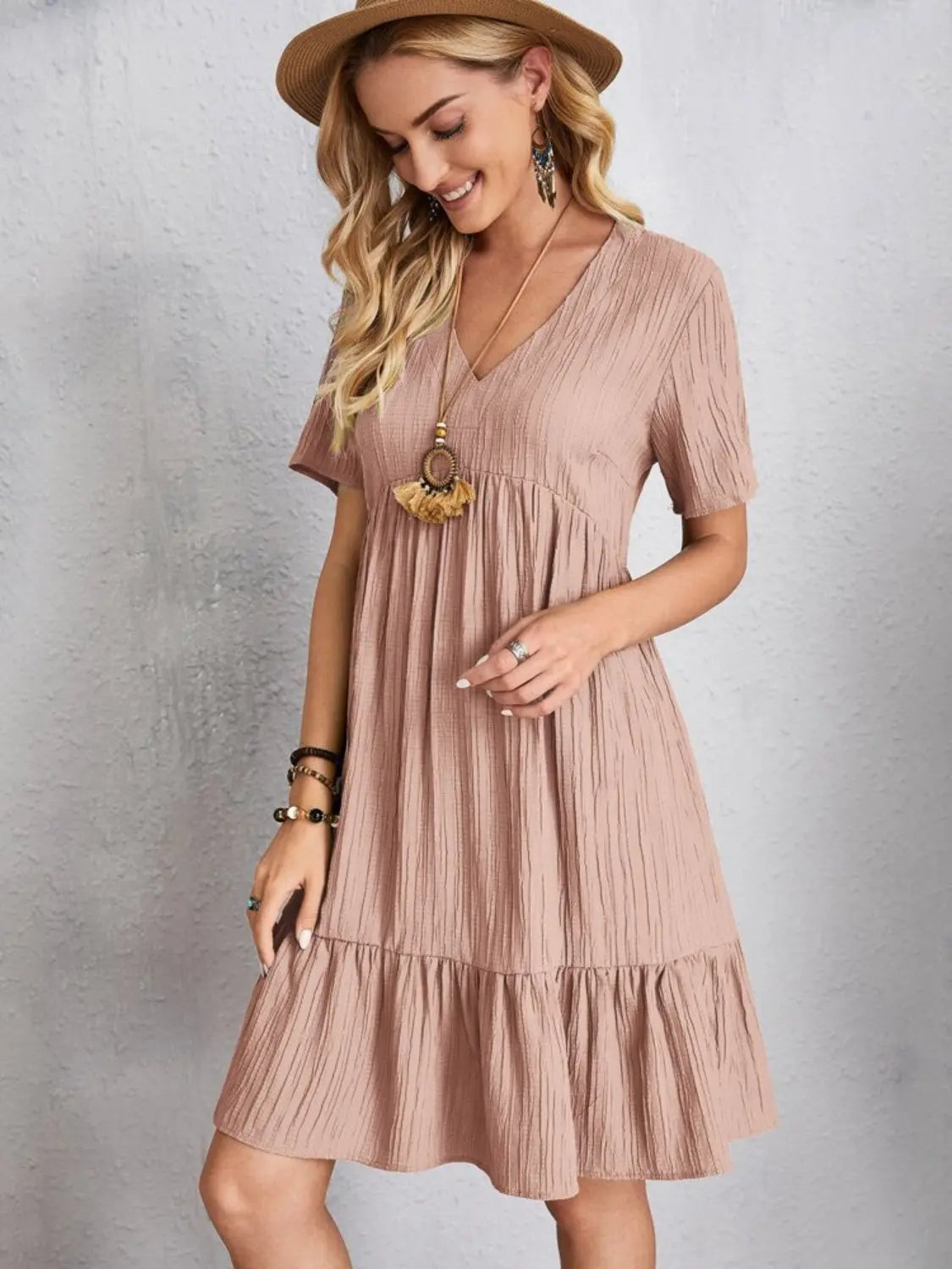 Boho Textured V-Neck Short Sleeve Babydoll Dress - Be Bliss Boutique