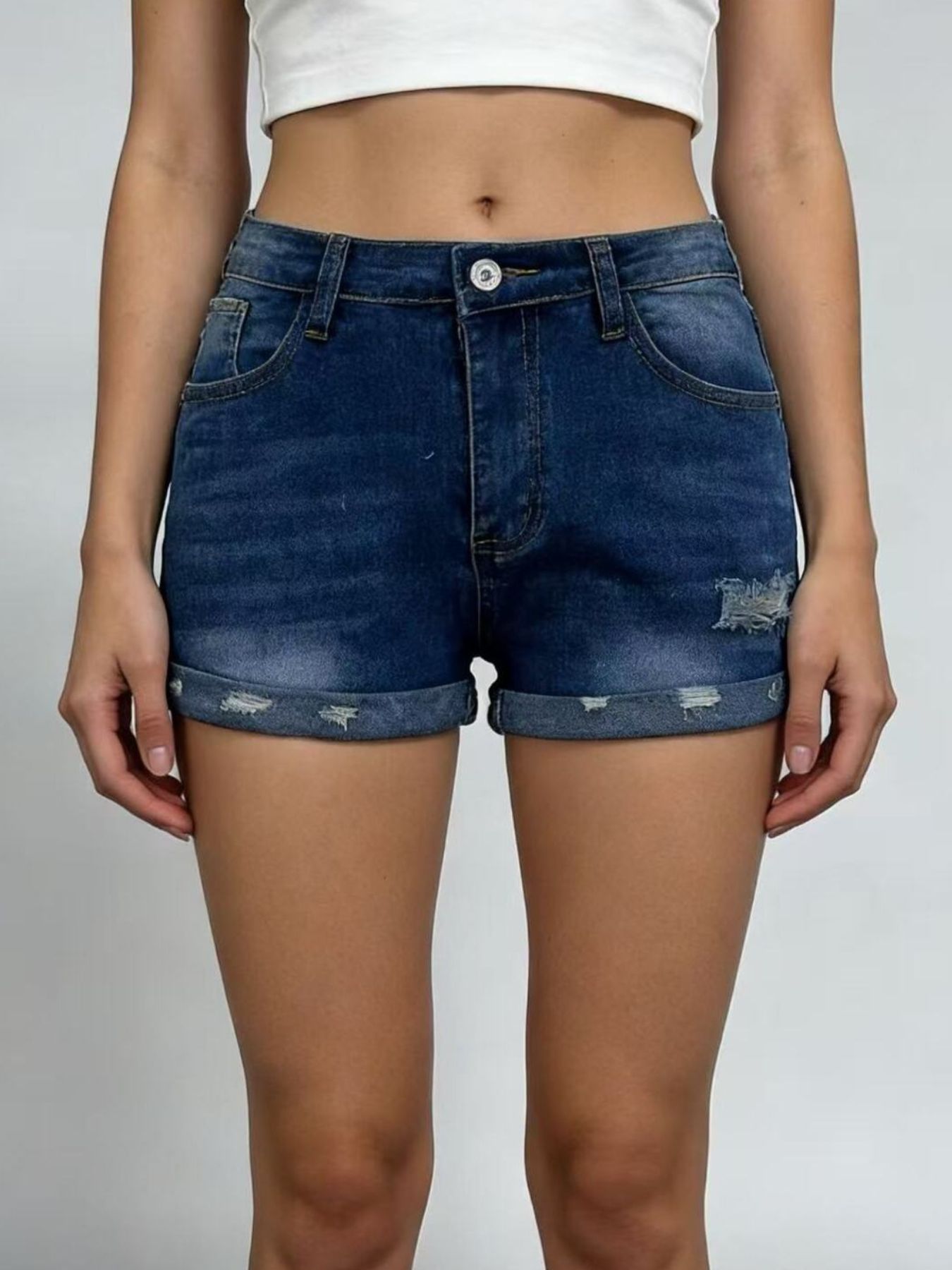 Distressed Denim Roll Up Shorts - Be Bliss Boutique