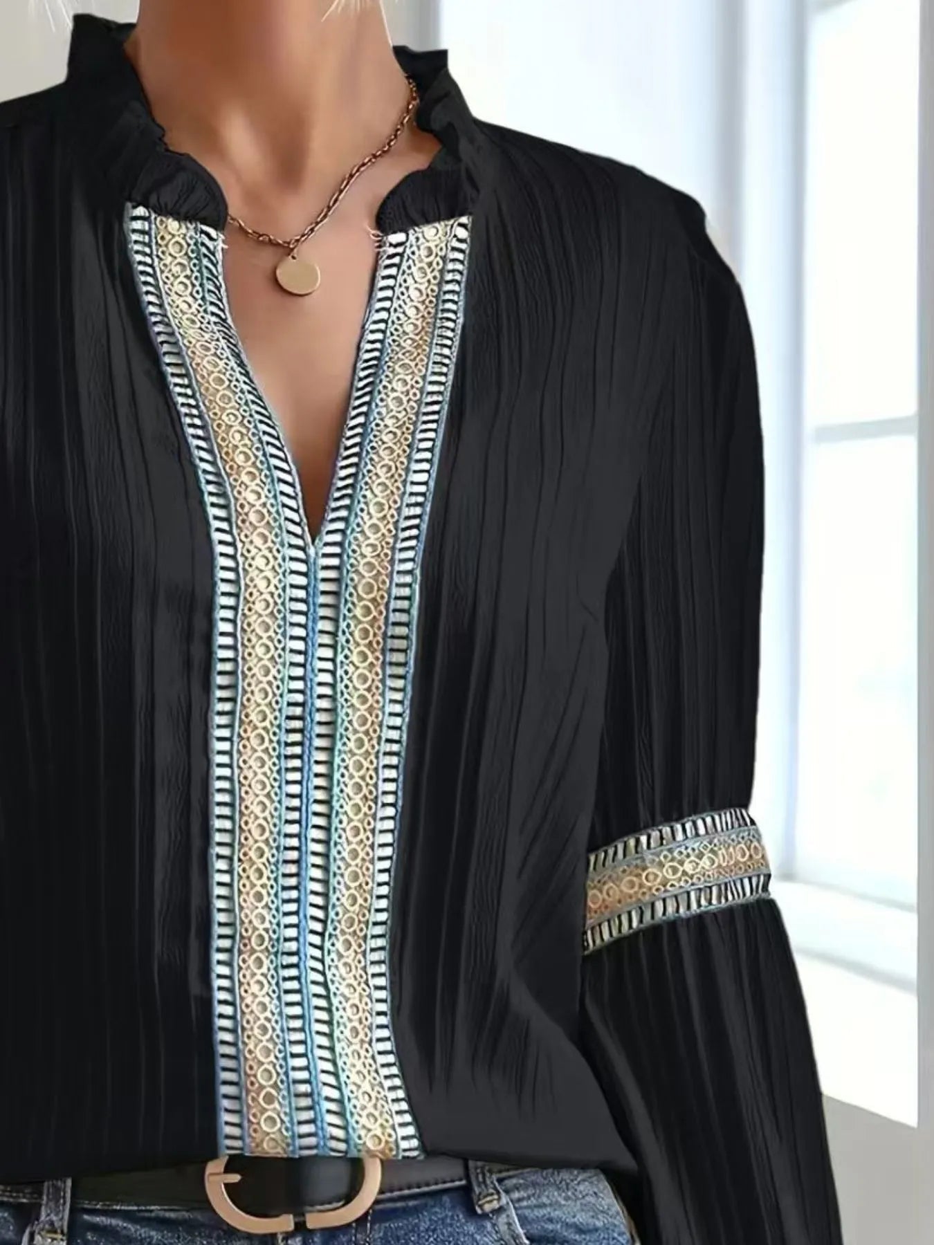 Textured Notched Balloon Sleeve Elegant Blouse - Be Bliss Boutique
