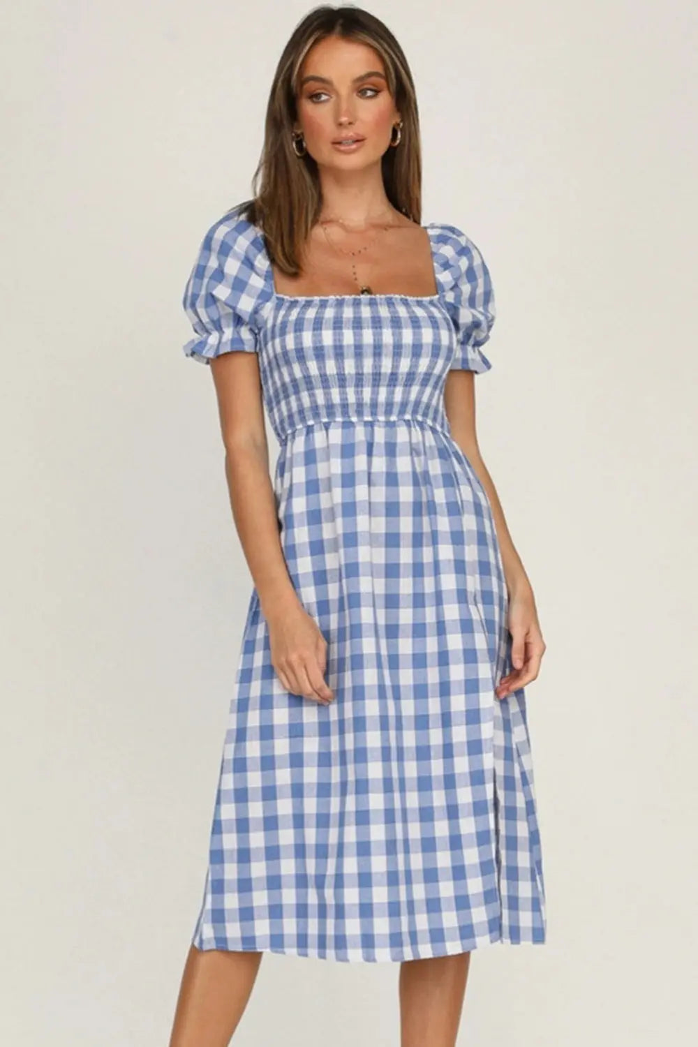 Full Size Slit Plaid Short Sleeve Midi Dress - Be Bliss Boutique