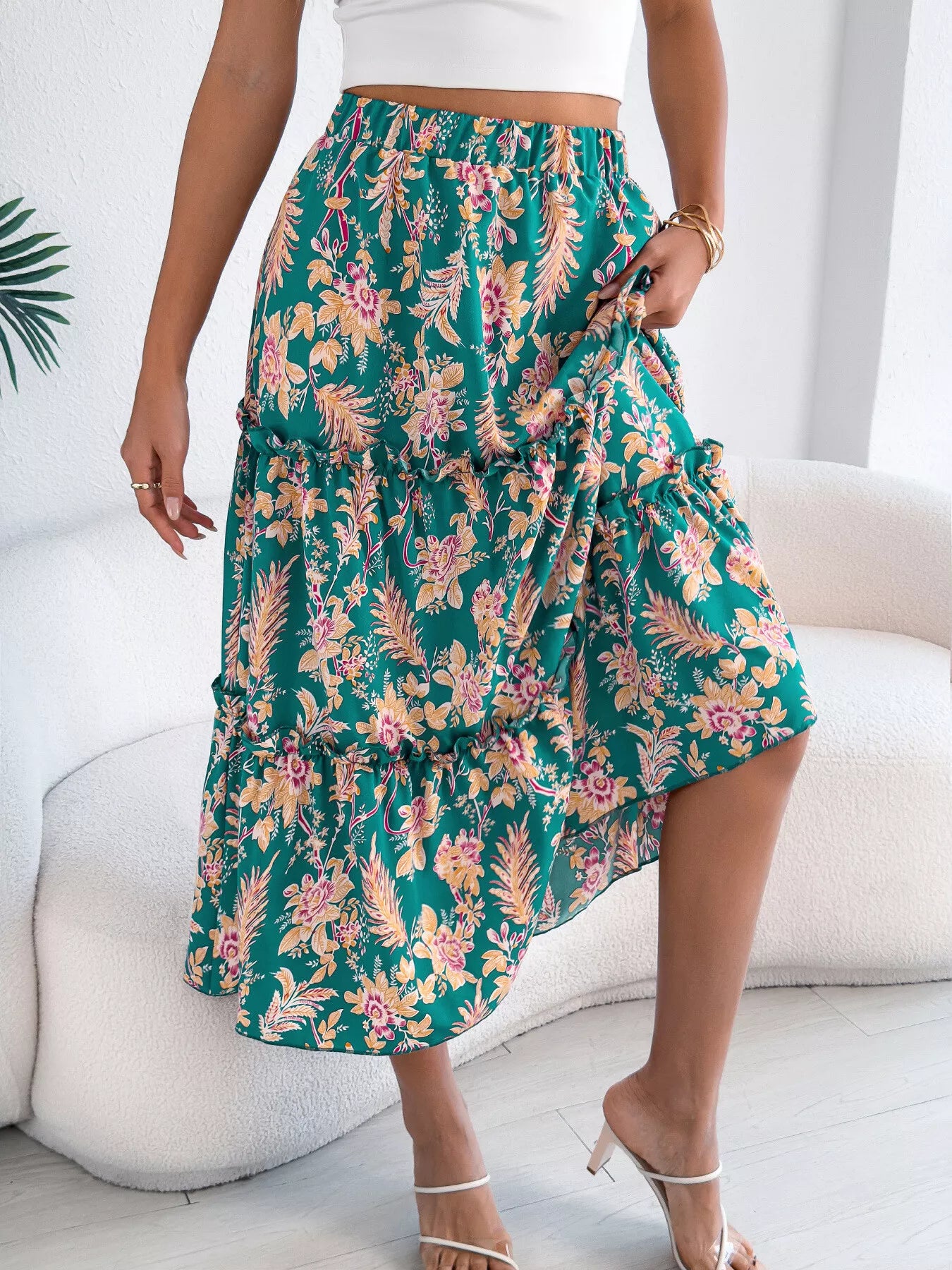 Floral Print Ruffle Hem Flowy Midi Skirt - Be Bliss Boutique