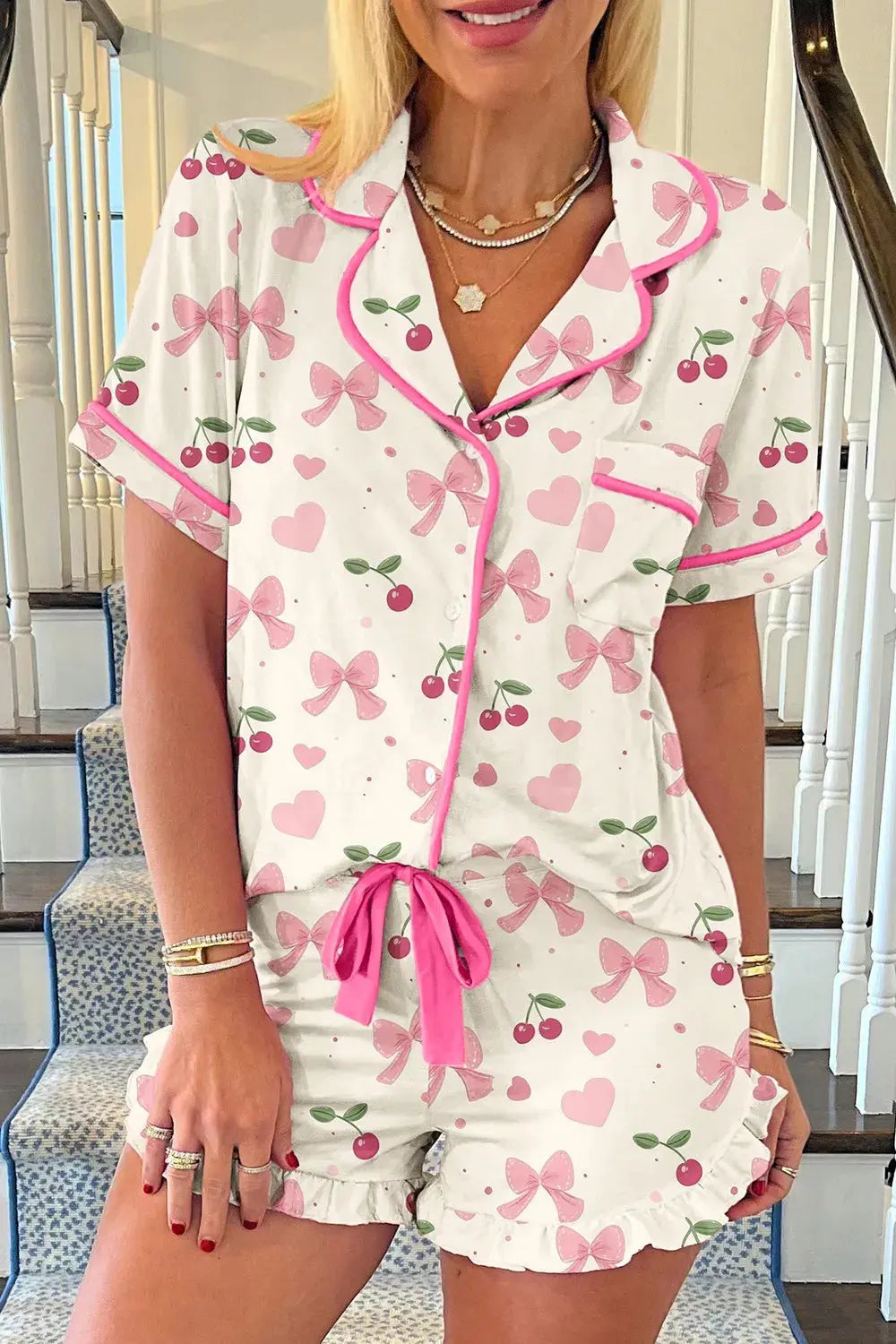 Cherry Bow Print Button Up Womens Loungewear Set - Be Bliss Boutique