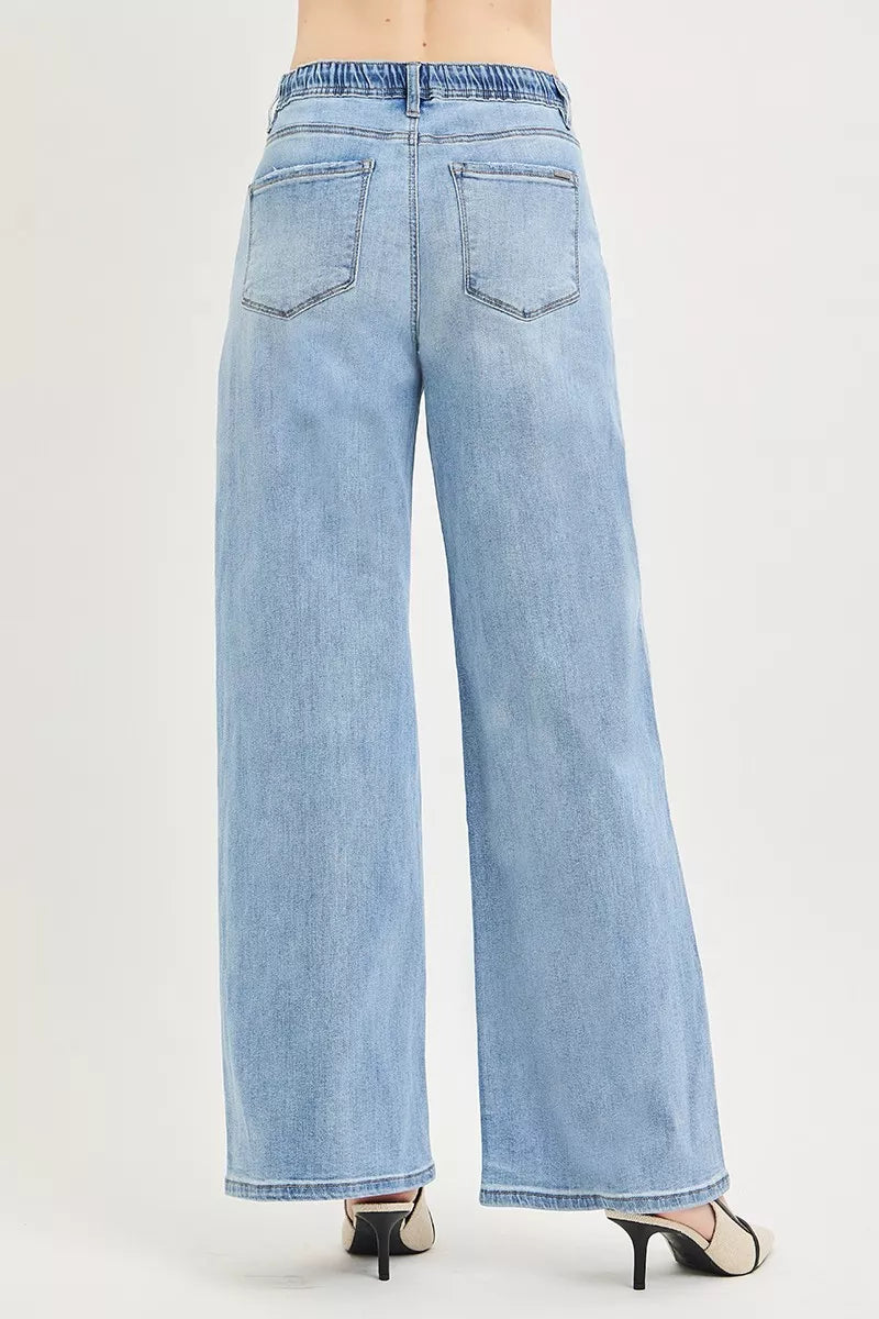 RISEN Elastic Band Slouchy Wide Leg Jeans with Drawstring - Be Bliss Boutique