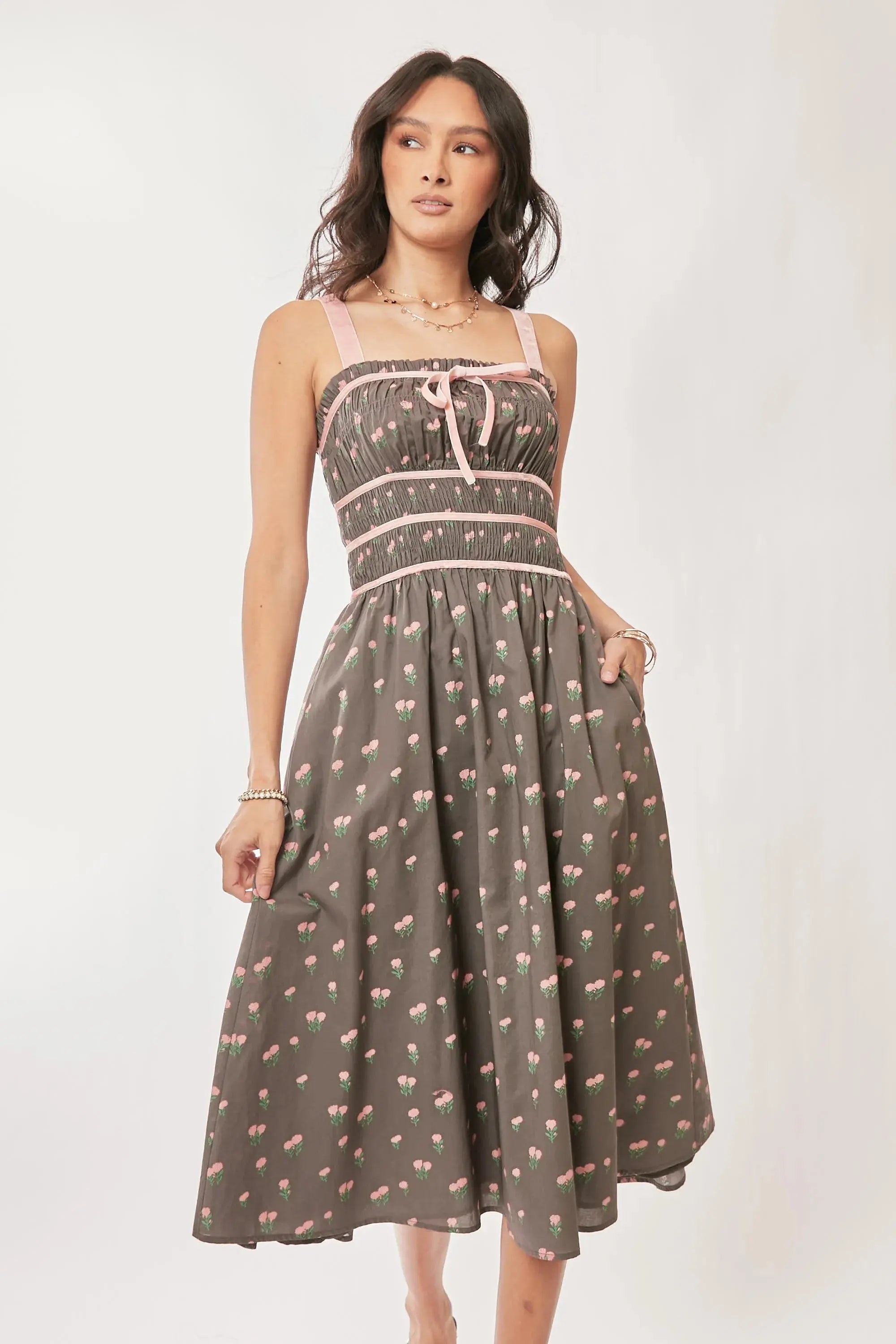 Davi & Dani “Strawberry Fields” Smocked-Bodice Midi Dress - Be Bliss Boutique