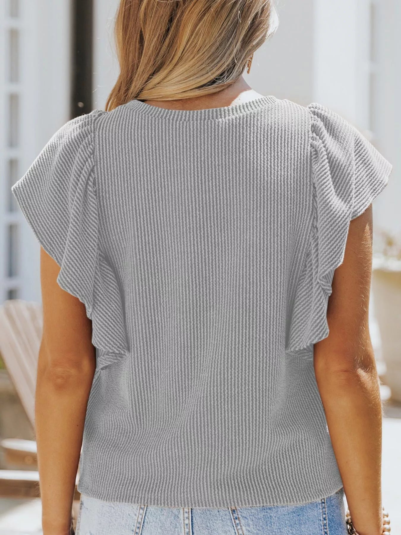Full Size Ruffled Sleeve Ribbed Knit T Shirt - Be Bliss Boutique