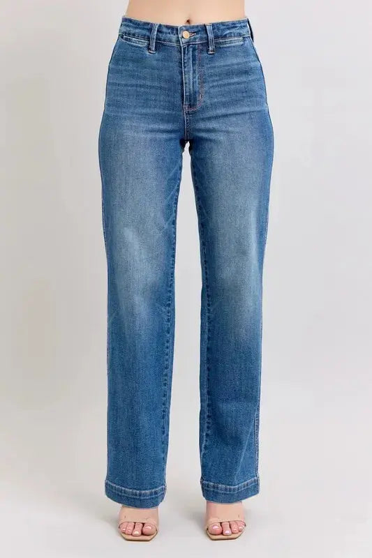 Judy Blue Full Size/Plus Size High Waist Contrast Thread Straight Jeans - Be Bliss Boutique