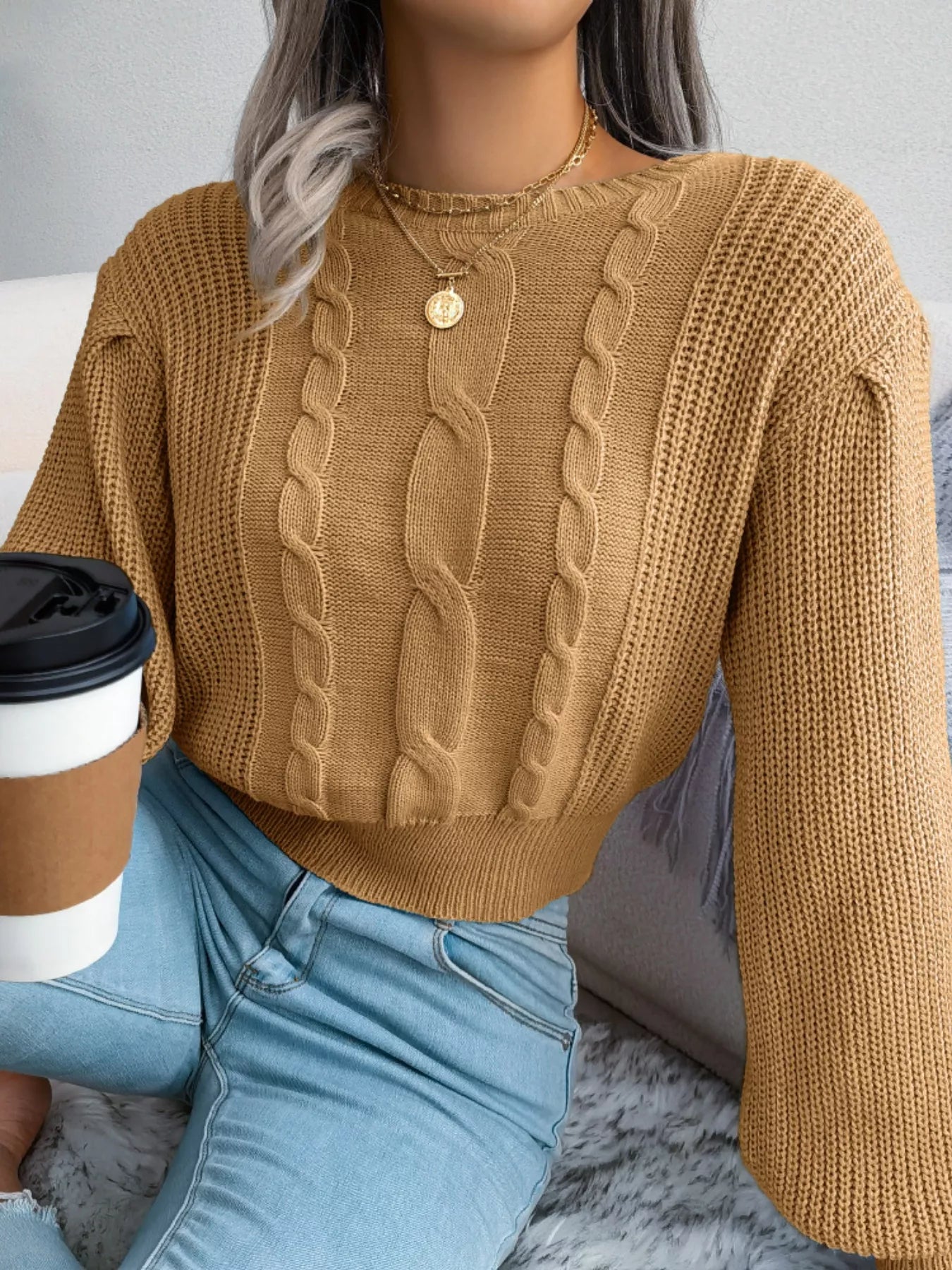 Cable Knit Round Neck Cropped Sweater - Be Bliss Boutique