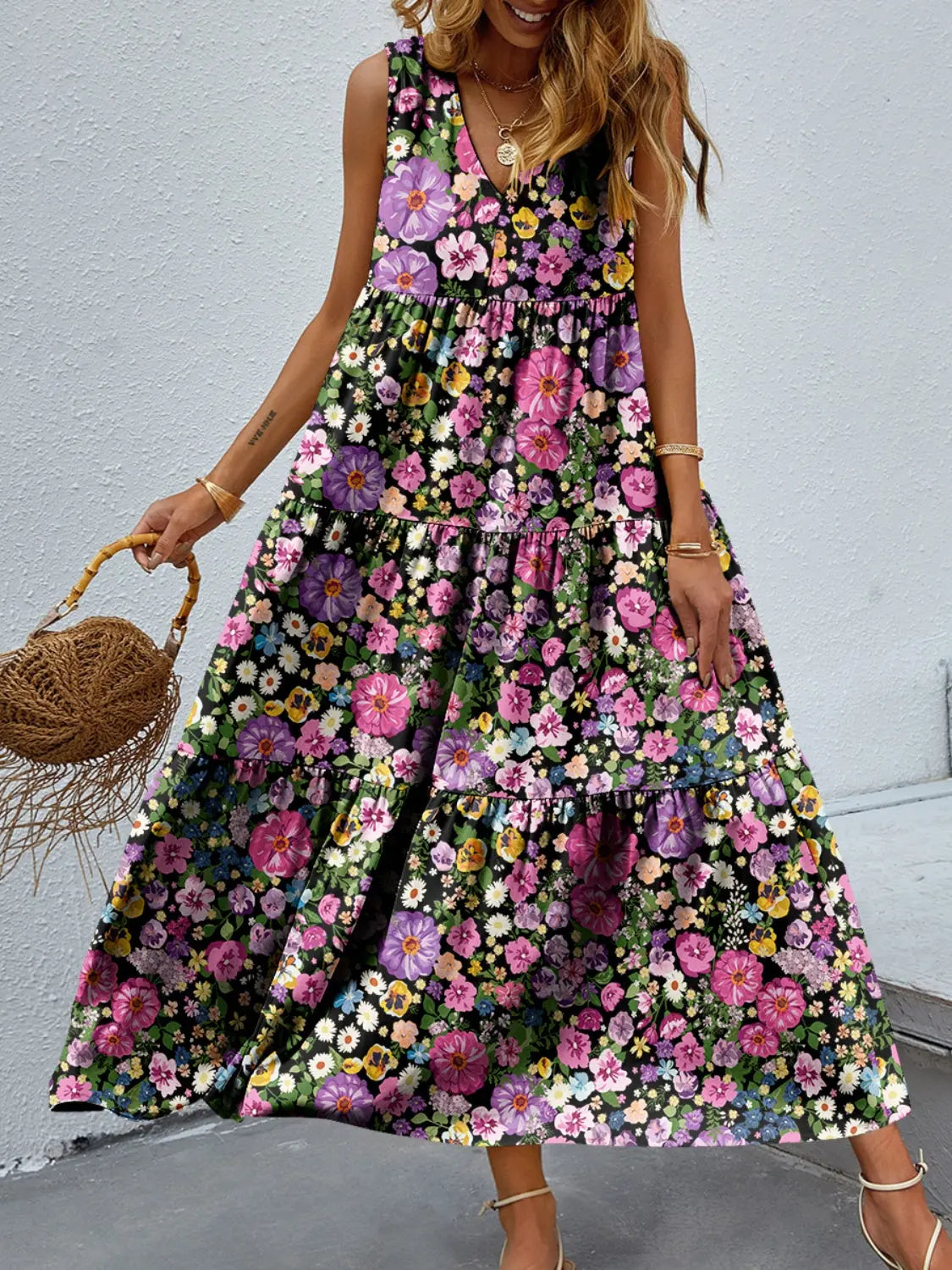 Tiered Printed V-Neck Sleeveless Dress - Be Bliss Boutique