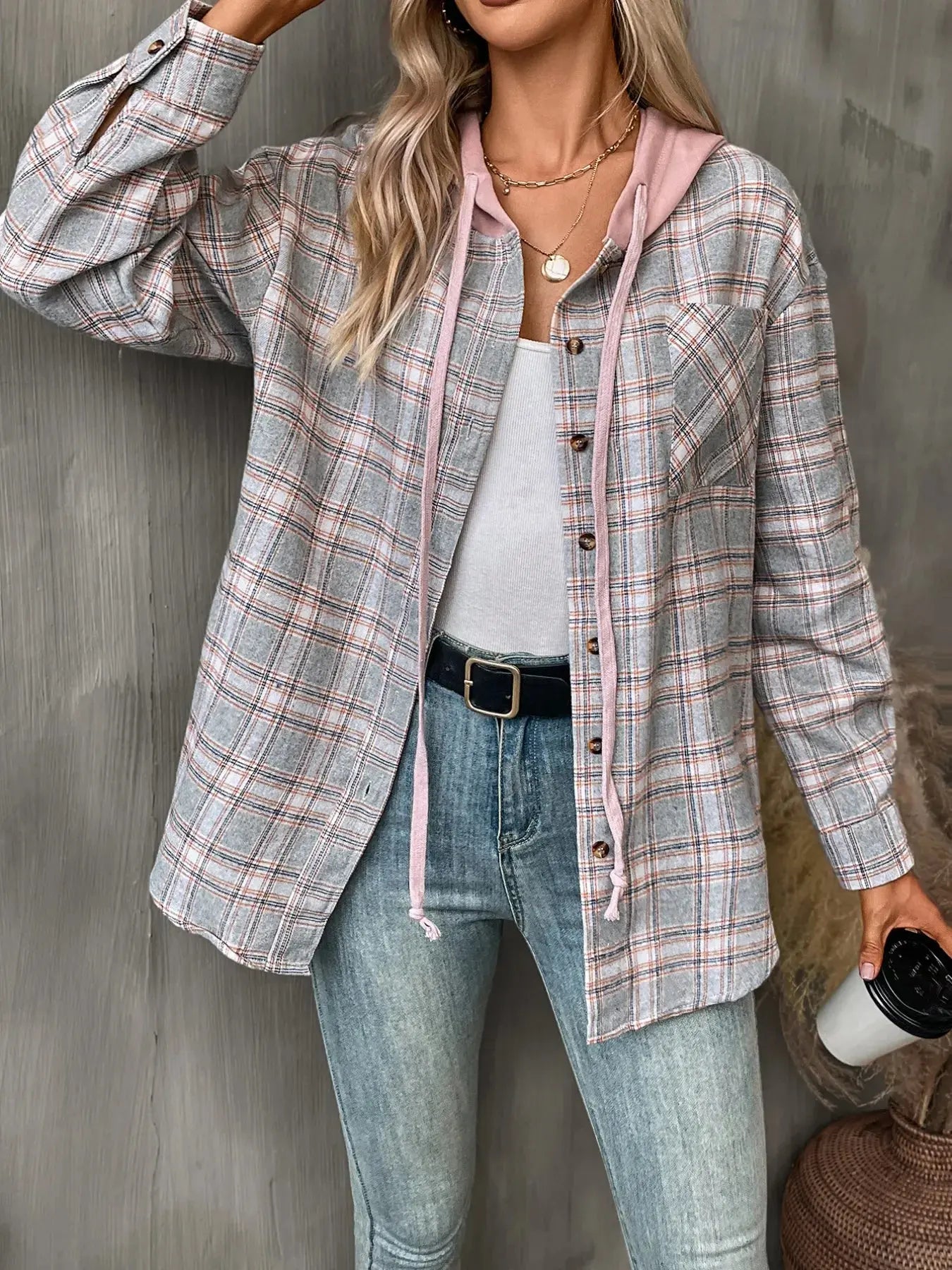 Plaid Button-Up Oversized Hooded Shirt with Chest Pocket - Be Bliss Boutique