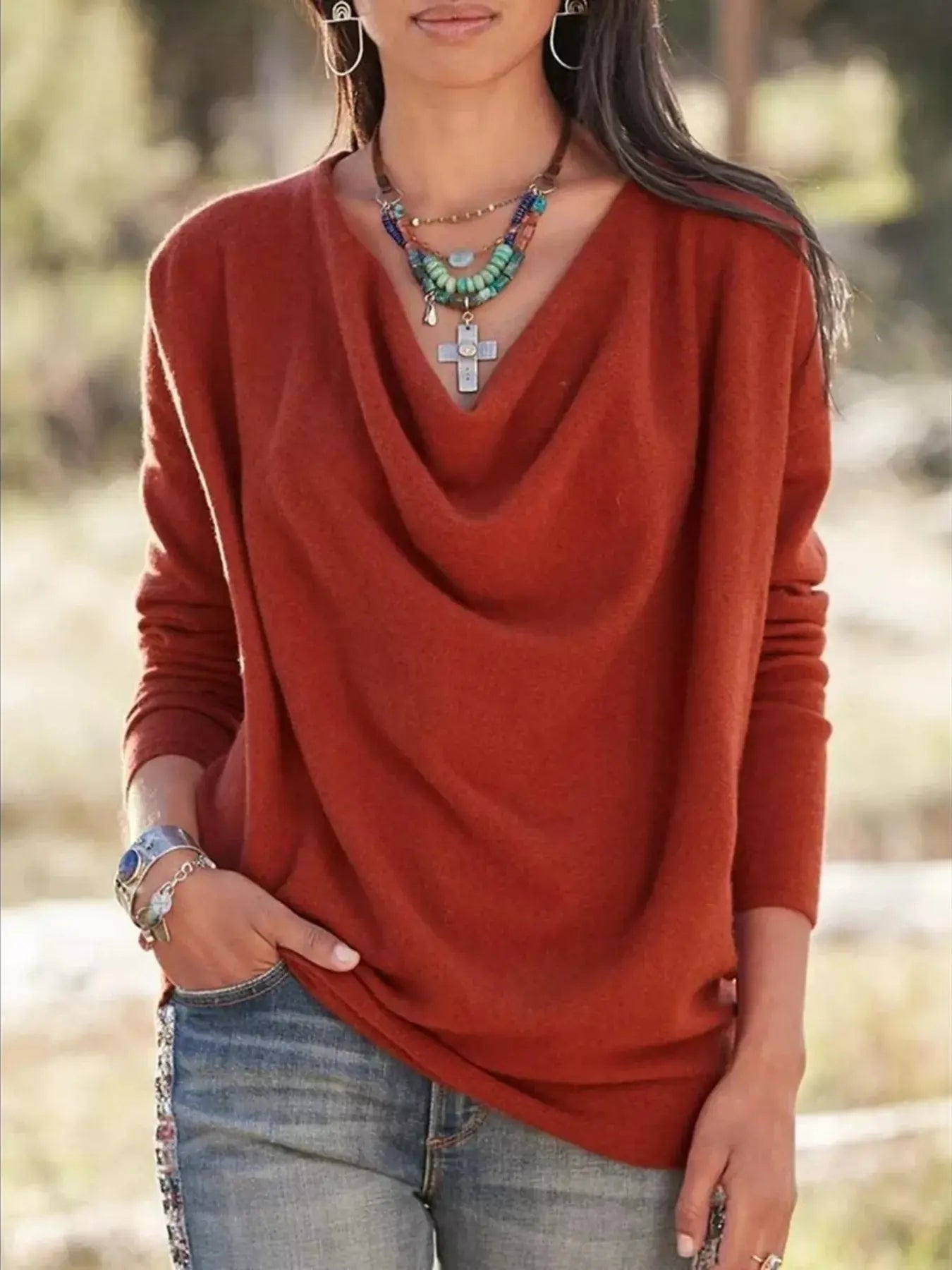 Full Size Cowl Neck Long Sleeve Top - Be Bliss Boutique