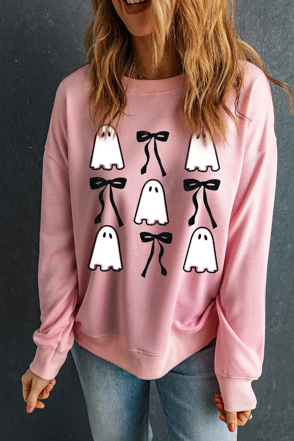 Ghost & Bow Round Neck Halloween Long Sleeve Womens Sweatshirt - Be Bliss Boutique