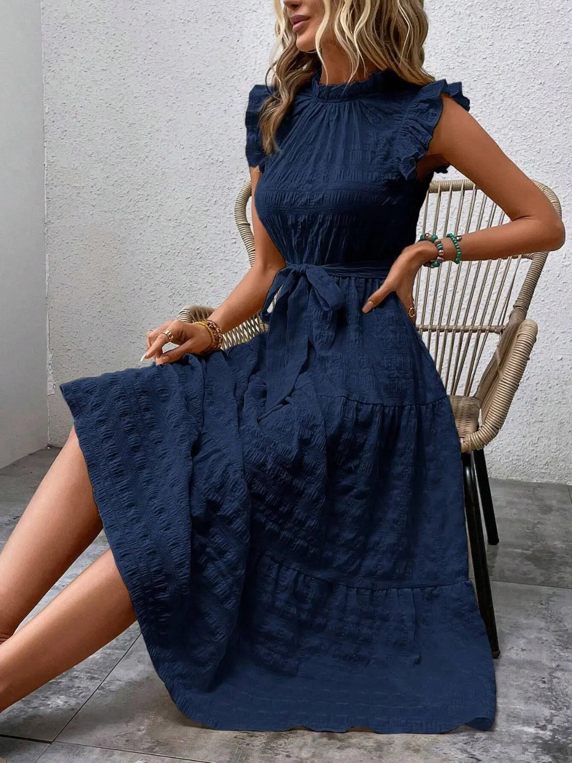 Tied Ruffled Cap Sleeve Midi Dress - Be Bliss Boutique