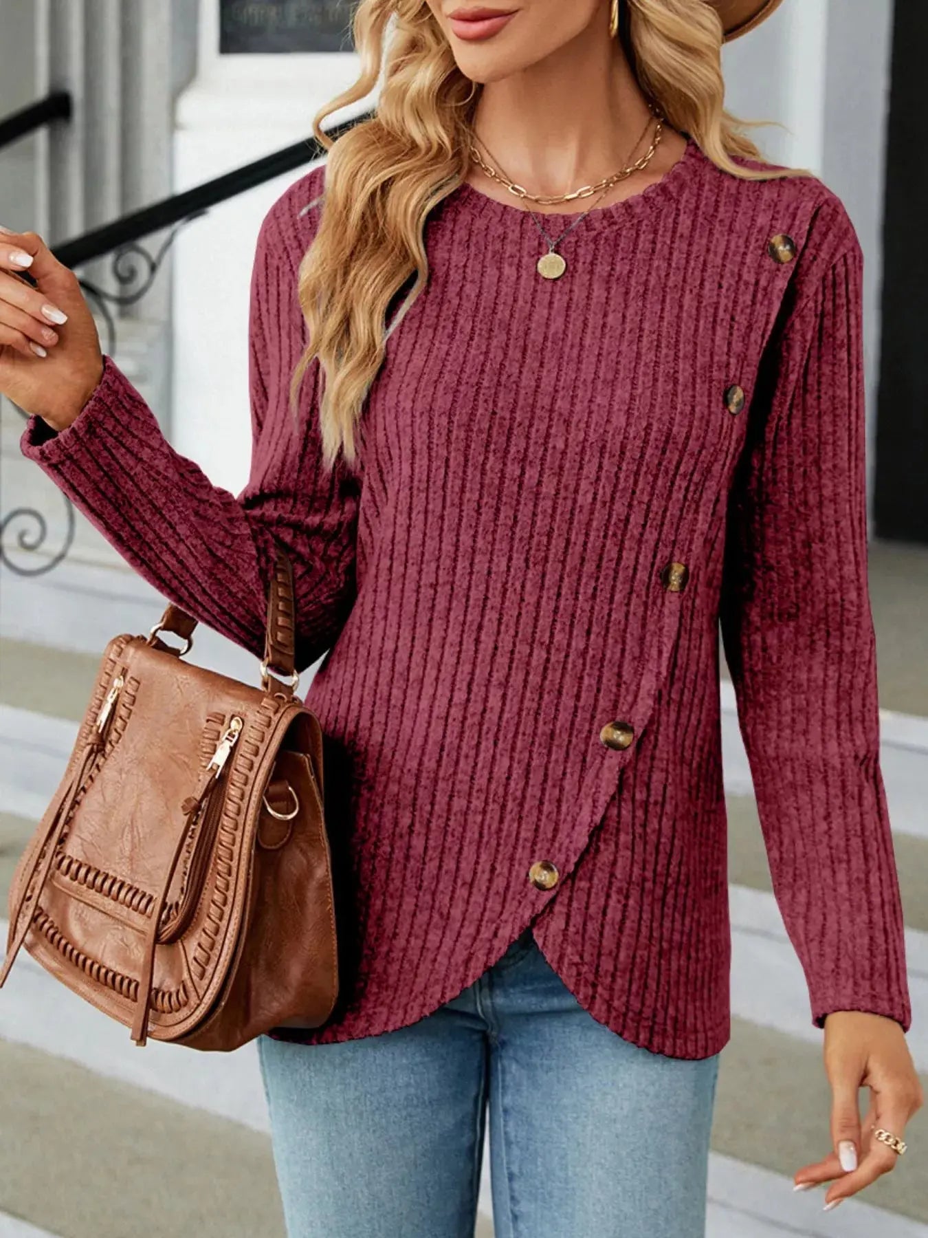 Decorative Button Ribbed Knit T Shirt - Be Bliss Boutique