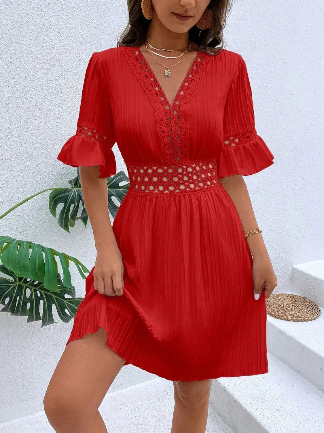 Cutout V-Neck Flounce Sleeve Mini Dress - Be Bliss Boutique