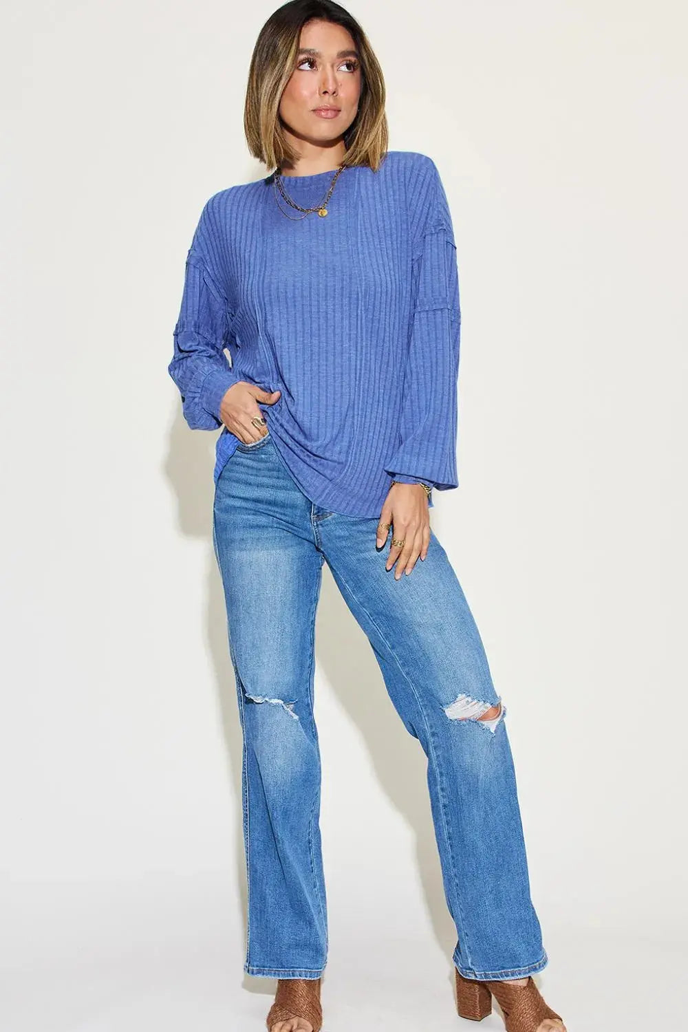 Basic Bae Full Size Round Neck Ribbed Long Sleeve T Shirt - Be Bliss Boutique