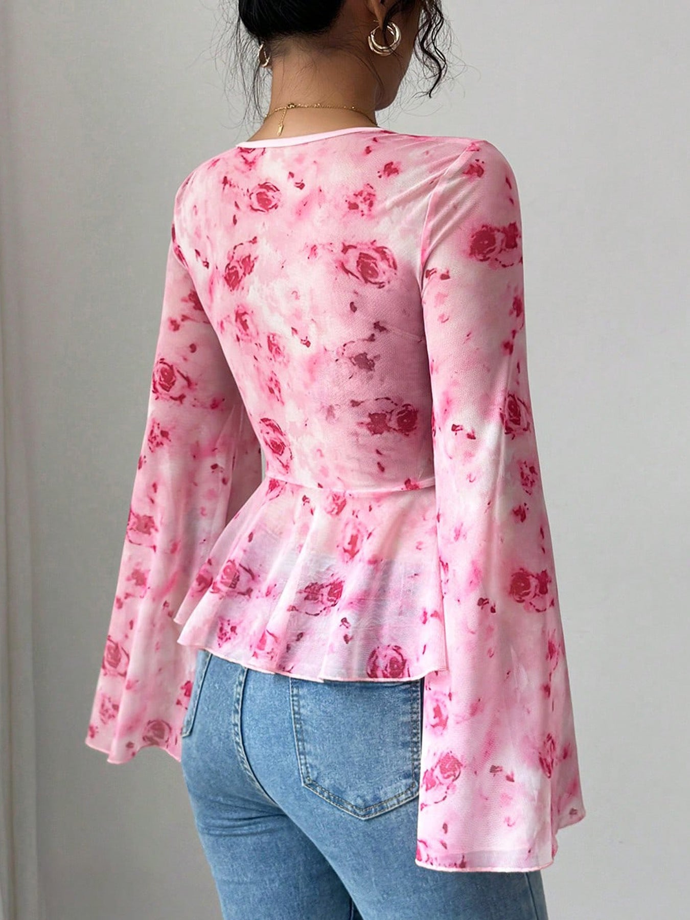 Floral Print Tie Front Chiffon Flare Sleeve Blouse - Be Bliss Boutique