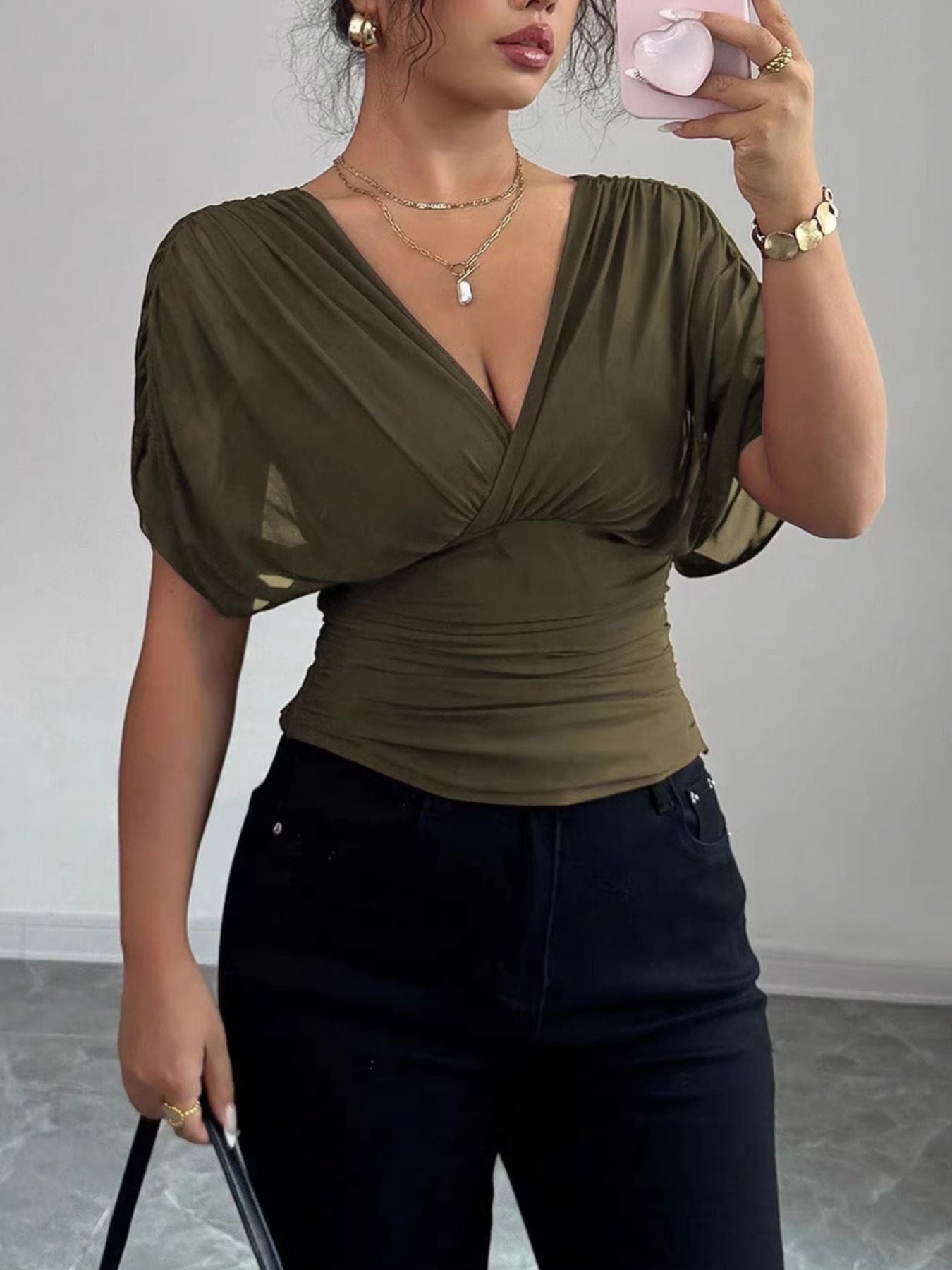 Ruched Surplice Short Sleeve Top - Be Bliss Boutique