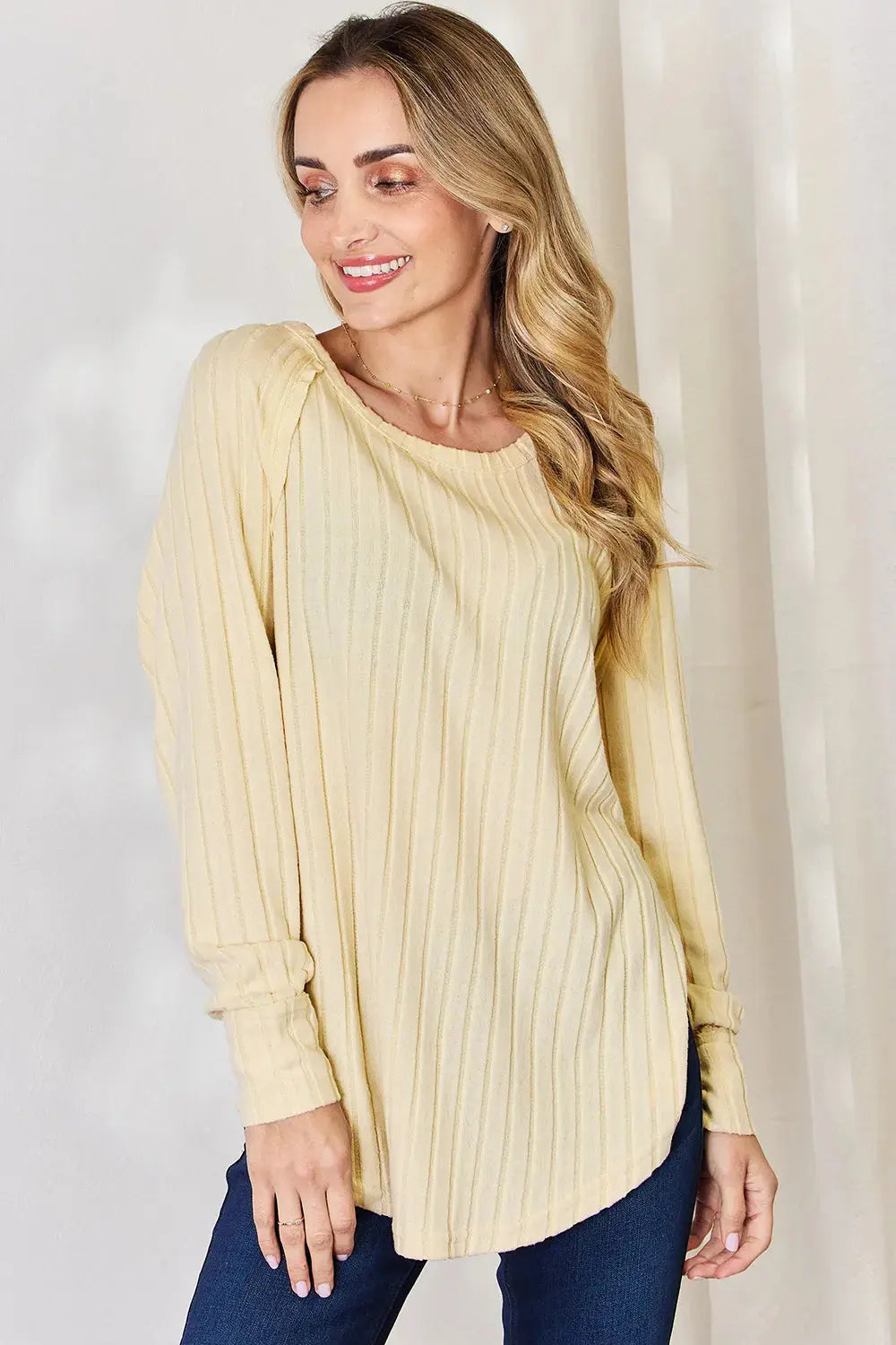 Basic Bae Ribbed Round Neck Slit Womens Long Sleeve T Shirt – Full & Plus Size - Be Bliss Boutique