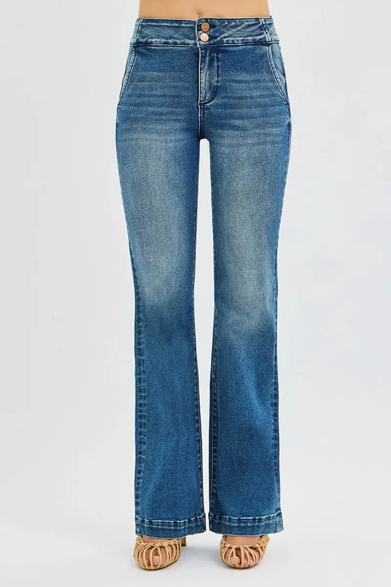 RISEN Jeans - Plus Size Tummy Control Bootcut Jeans with Double Button Waistband - Be Bliss Boutique