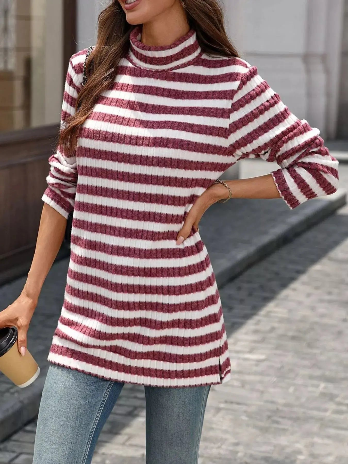 Striped Turtleneck Long Sleeve Knit Top - Be Bliss Boutique