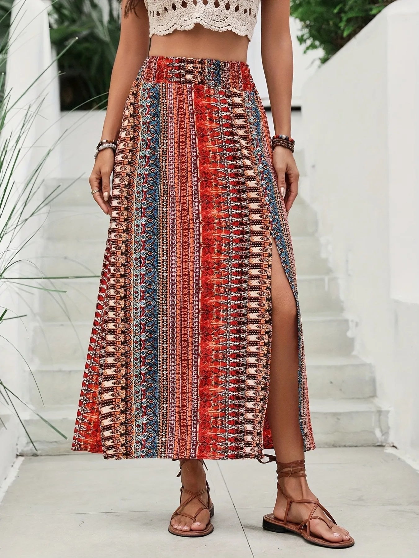 High Waist Side Slit Bohemian Maxi Skirt – Red Ethnic Print - Be Bliss Boutique