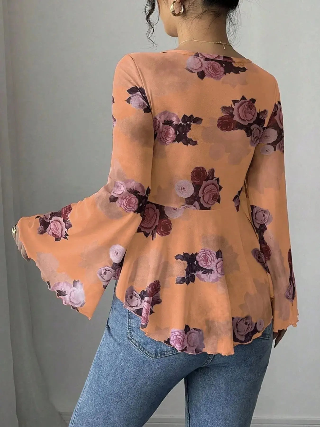 Floral Tie Front Flare Sleeve Blouse - Be Bliss Boutique