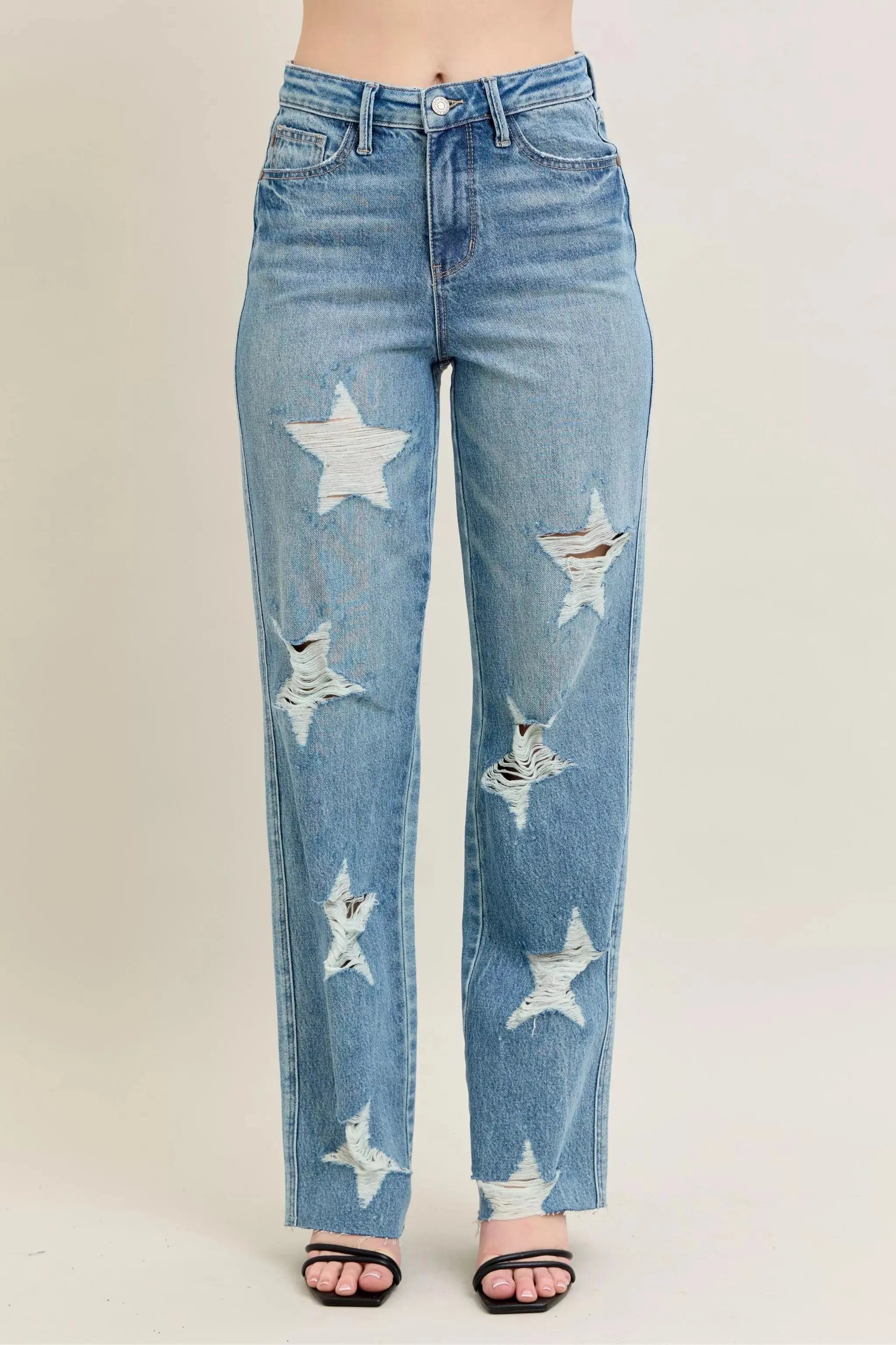 Judy Blue Full Size High Waist Rigid 90's Straight Jeans with Magic Star Shaped Destroy - Be Bliss Boutique