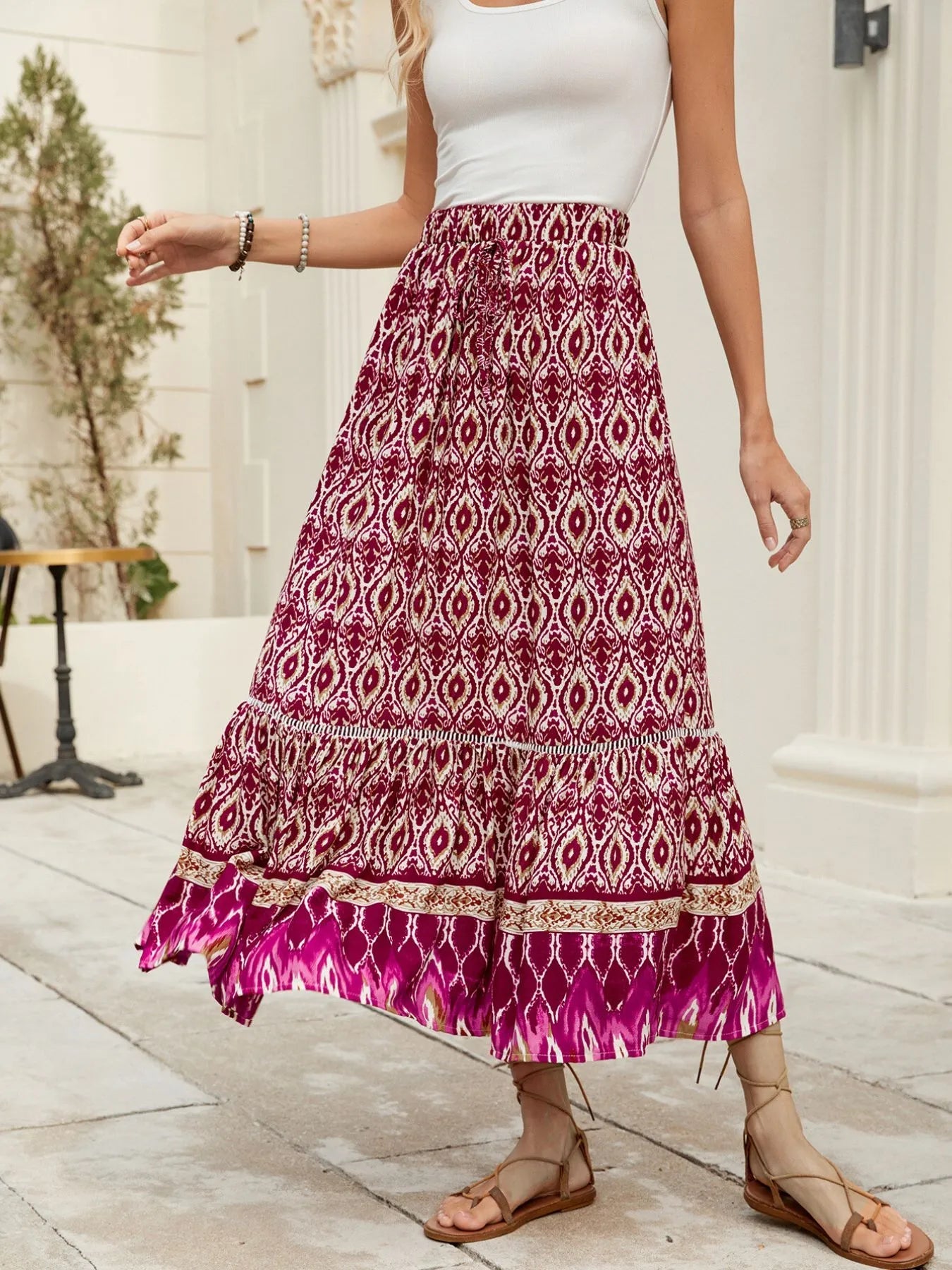 Printed Ruched Bohemian Maxi Skirt - Be Bliss Boutique