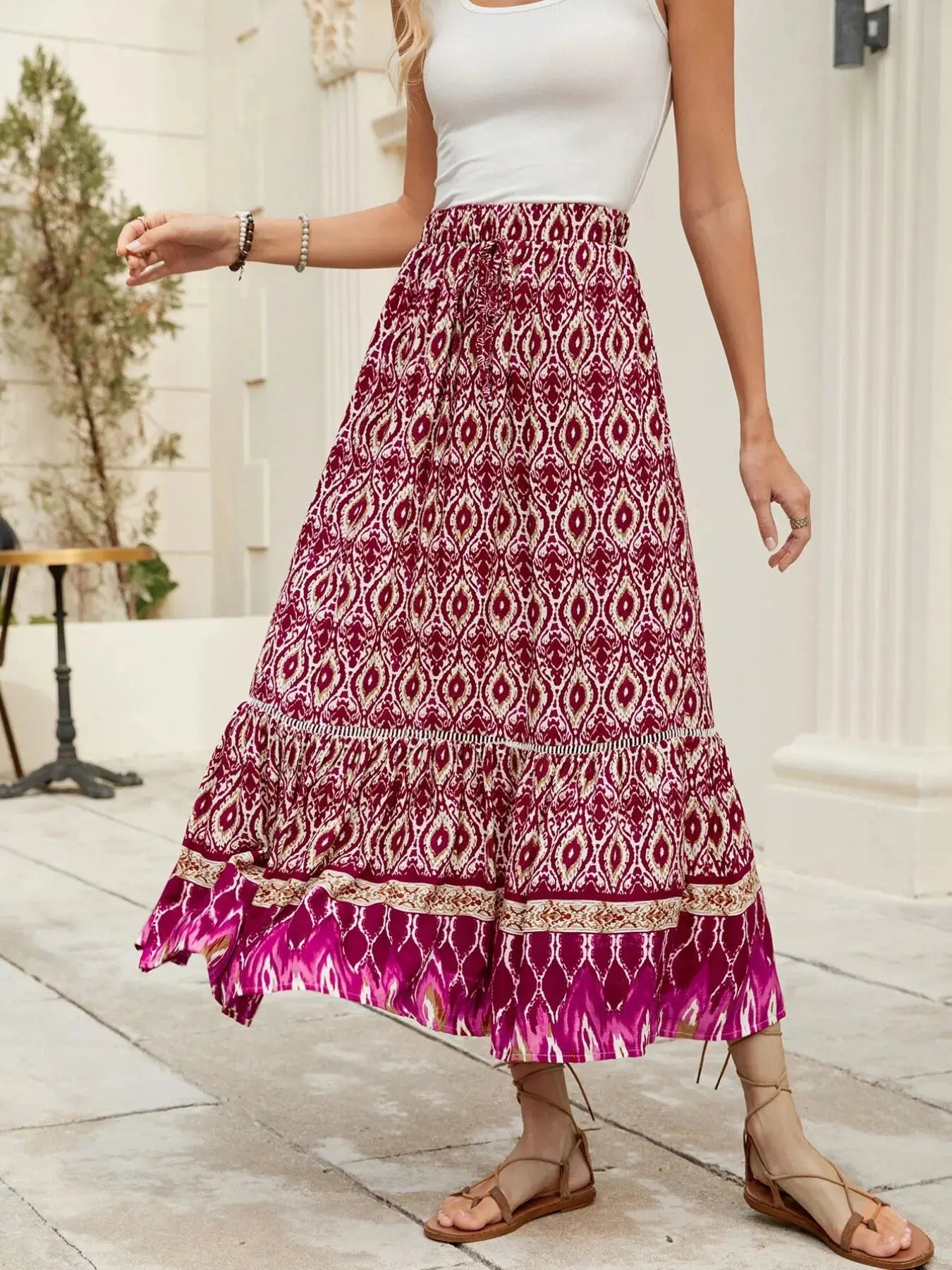 Printed Ruched Bohemian Maxi Skirt - Be Bliss Boutique