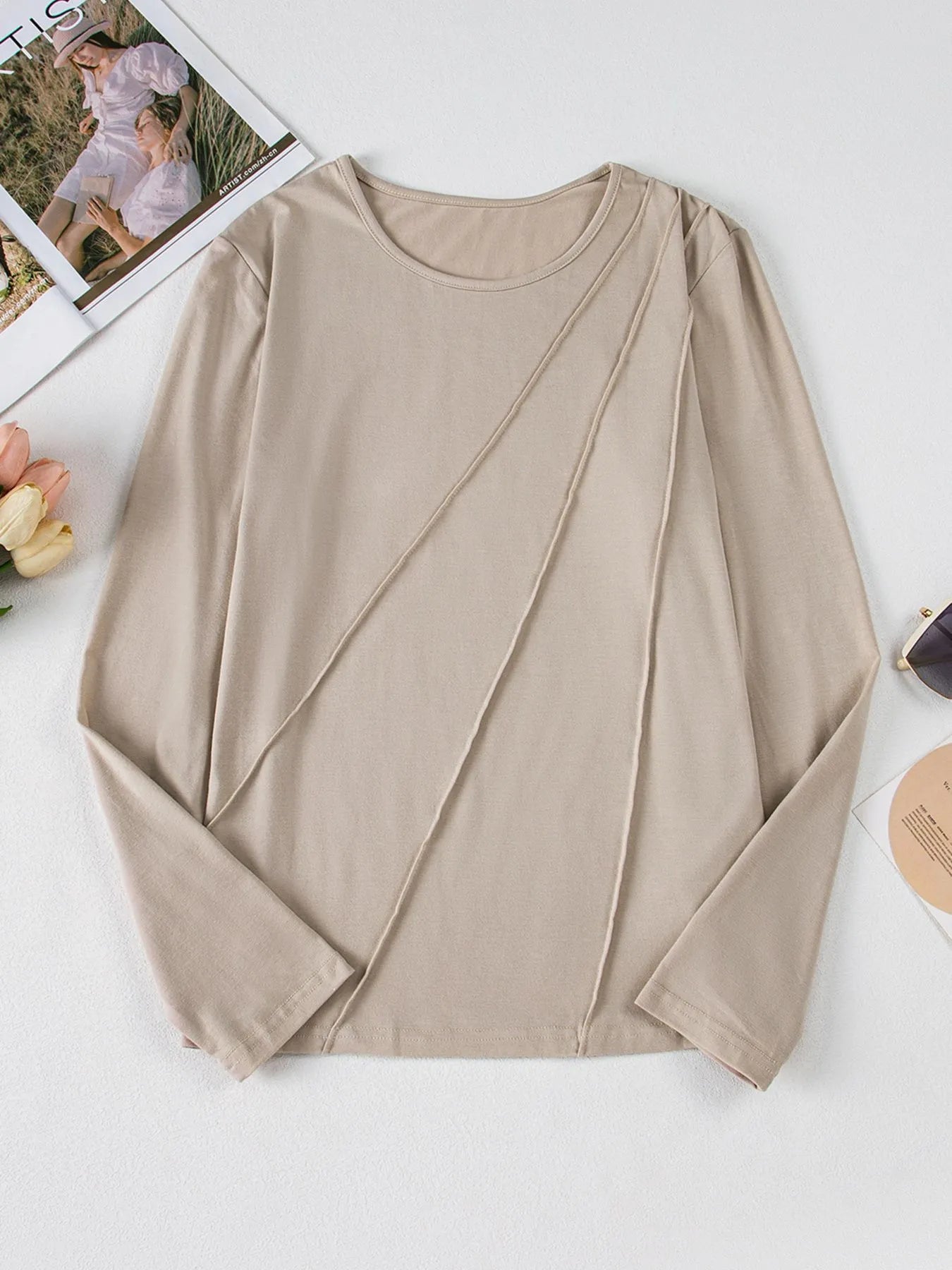 Asymmetric Seam Detail Long Sleeve Top - Be Bliss Boutique