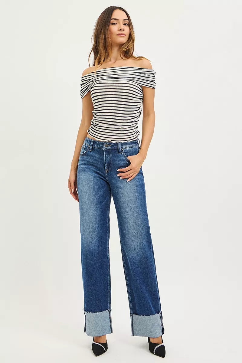 RISEN Jeans - Mid Rise Wide Straight Jeans With Wide Cuff - Be Bliss Boutique