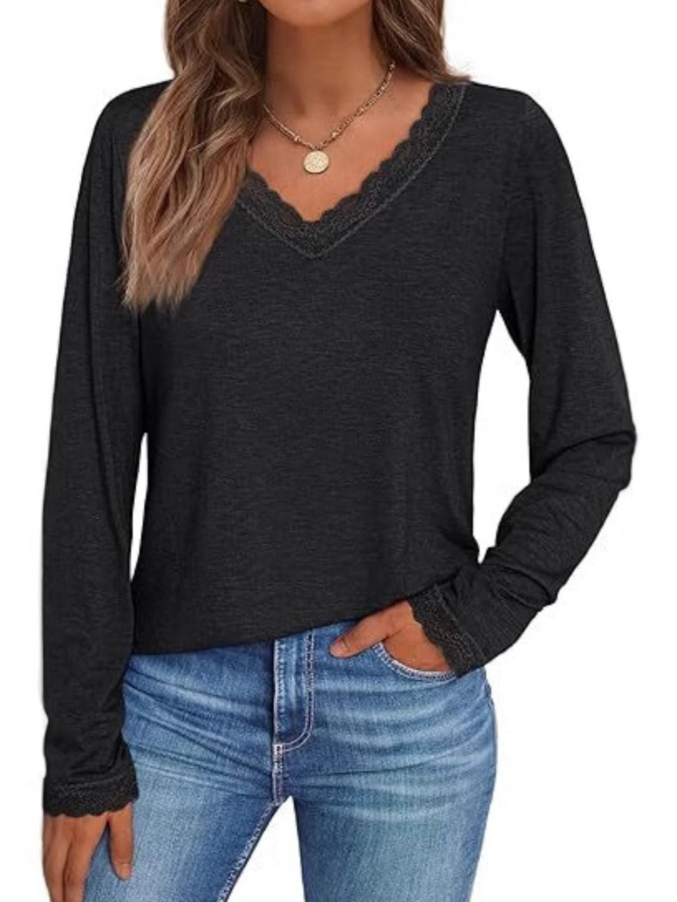 Women's Lace Trim V Neck Long Sleeve Top - Be Bliss Boutique