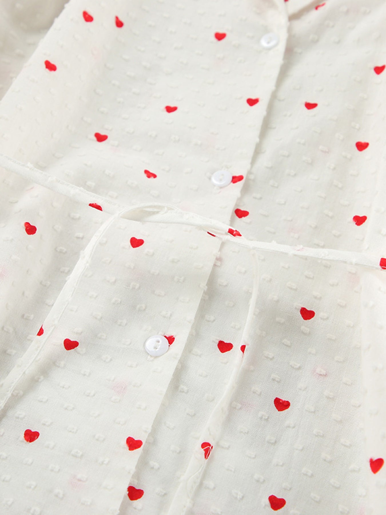 Heart Print Ruffle Trim Button-Up Cotton Lounge Set - Be Bliss Boutique