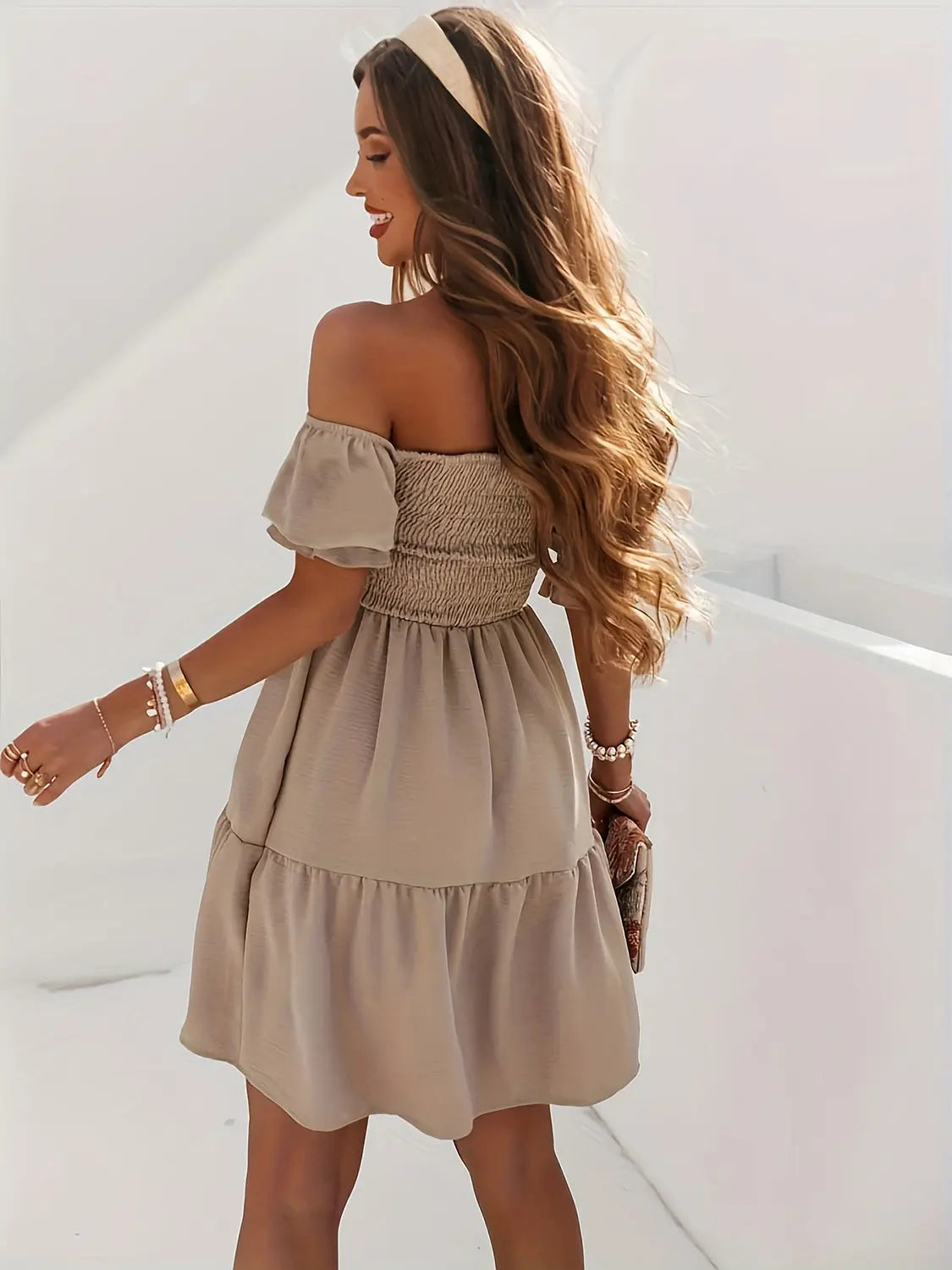 Full Size Ruffled Off Shoulder Short Sleeve Dress - Be Bliss Boutique