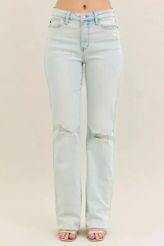 Full Size Light Wash Distressed Bootcut Judy Blue Jeans - Be Bliss Boutique