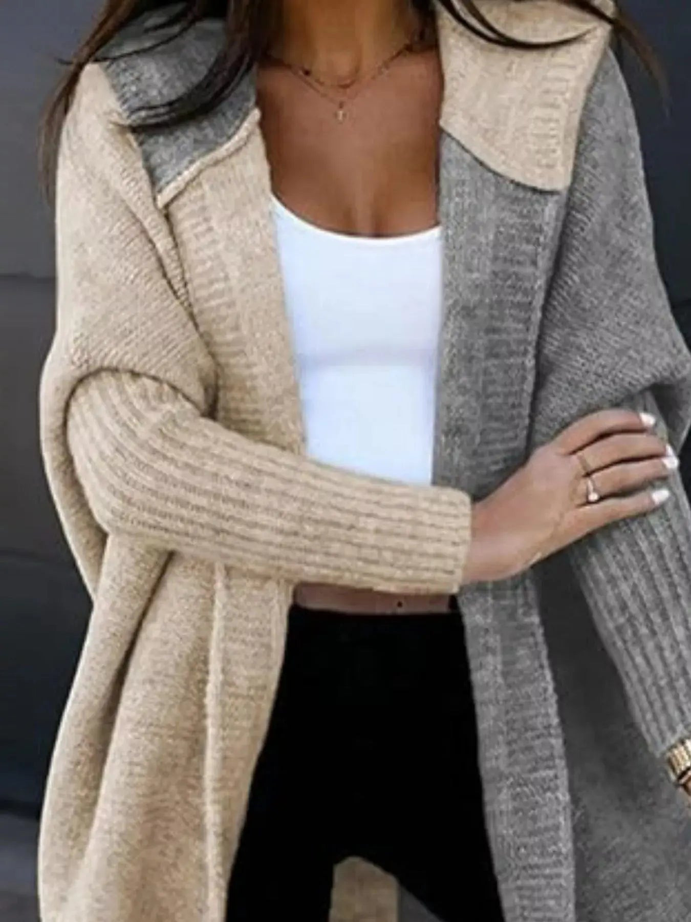 Two-Tone Hooded Open Front Knit Cardigan - Be Bliss Boutique