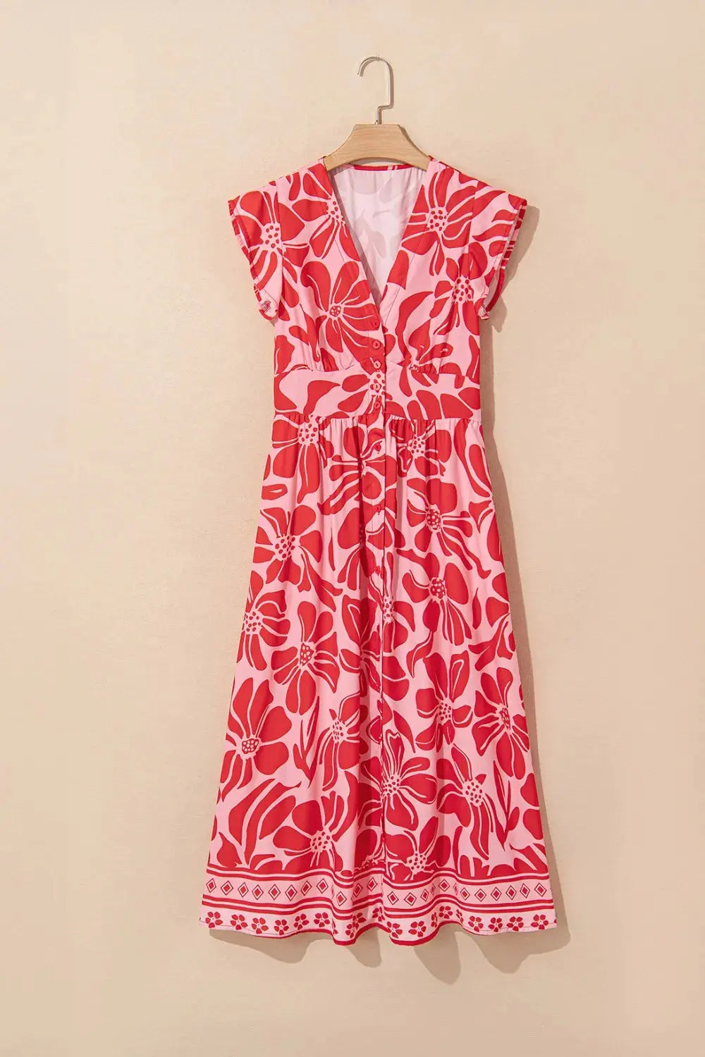 Floral Ruffled V Neck Midi Dress with Button Front - Be Bliss Boutique