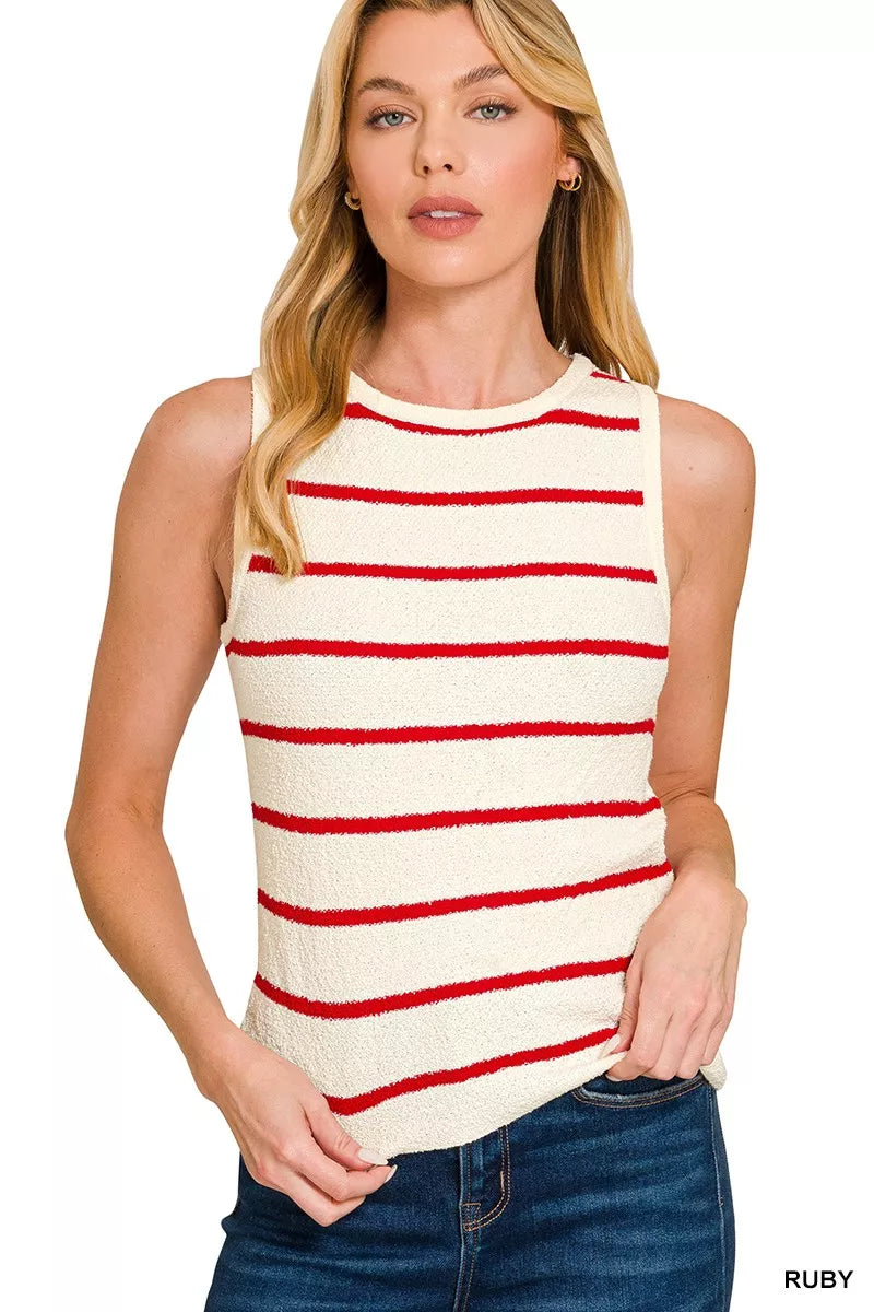 Zenana Round Neck Stripe Knit Tank Top - Be Bliss Boutique