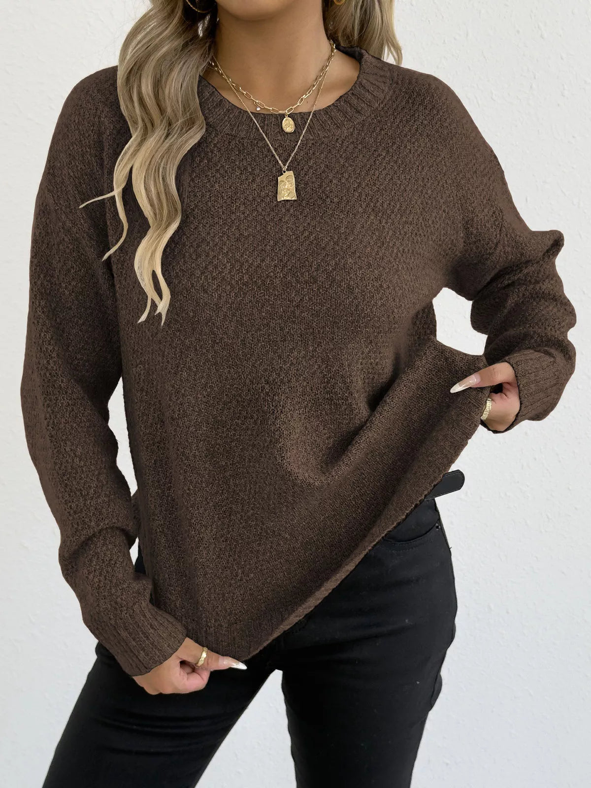 Round Neck Textured Knit Relaxed Fit Sweater - Be Bliss Boutique