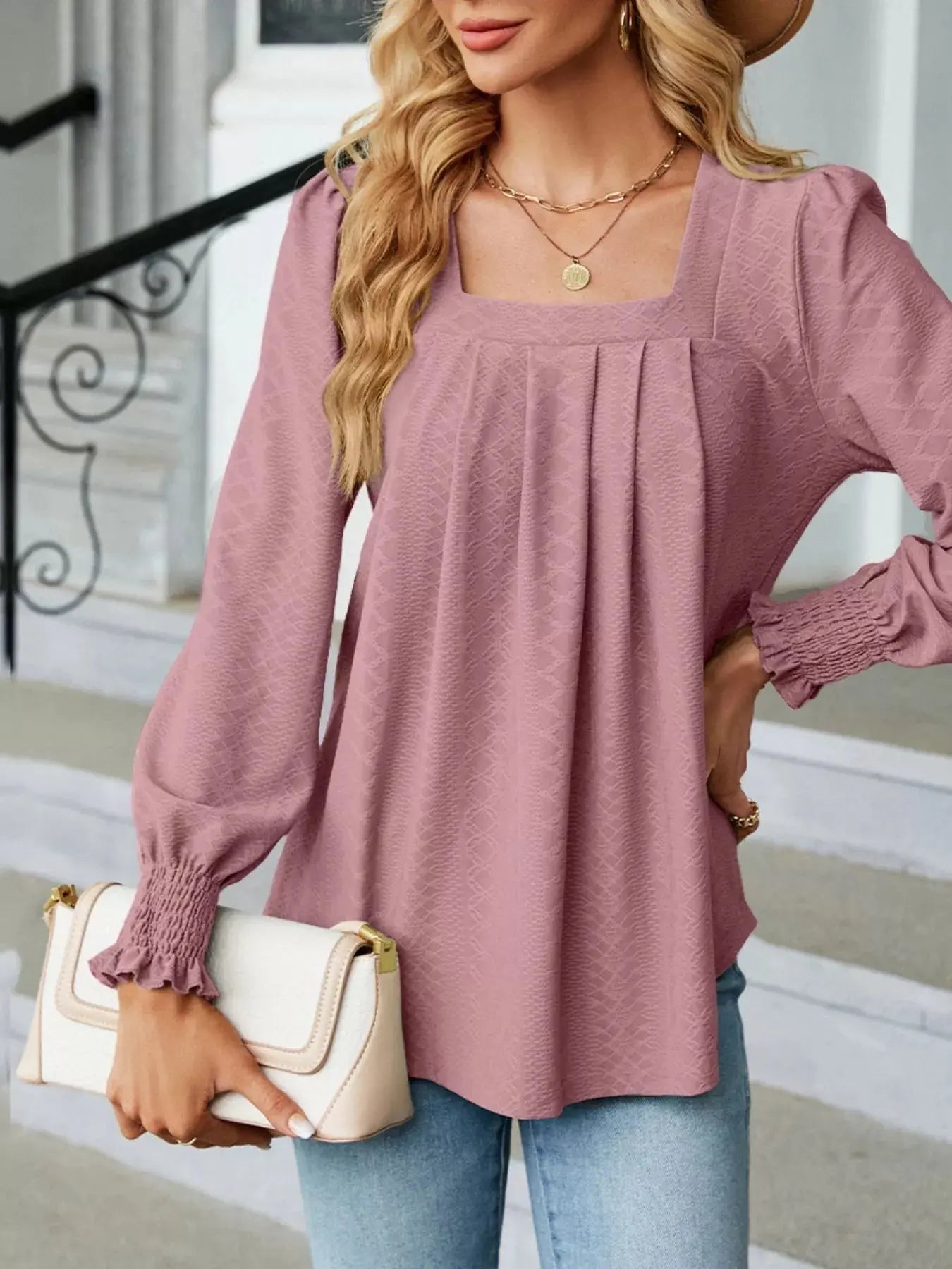 Pleated Square Neck Long Sleeve Top - Be Bliss Boutique