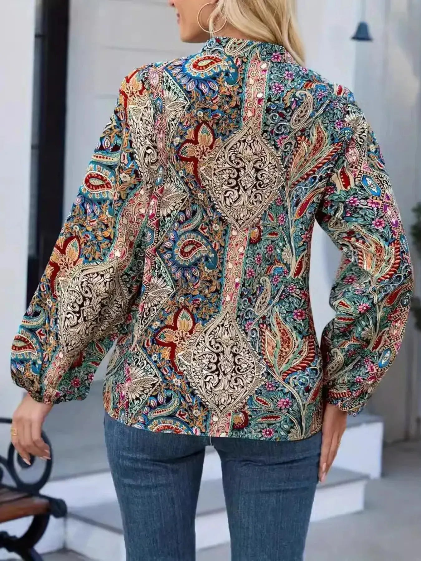 Printed Notched Balloon Sleeve Blouse - Be Bliss Boutique