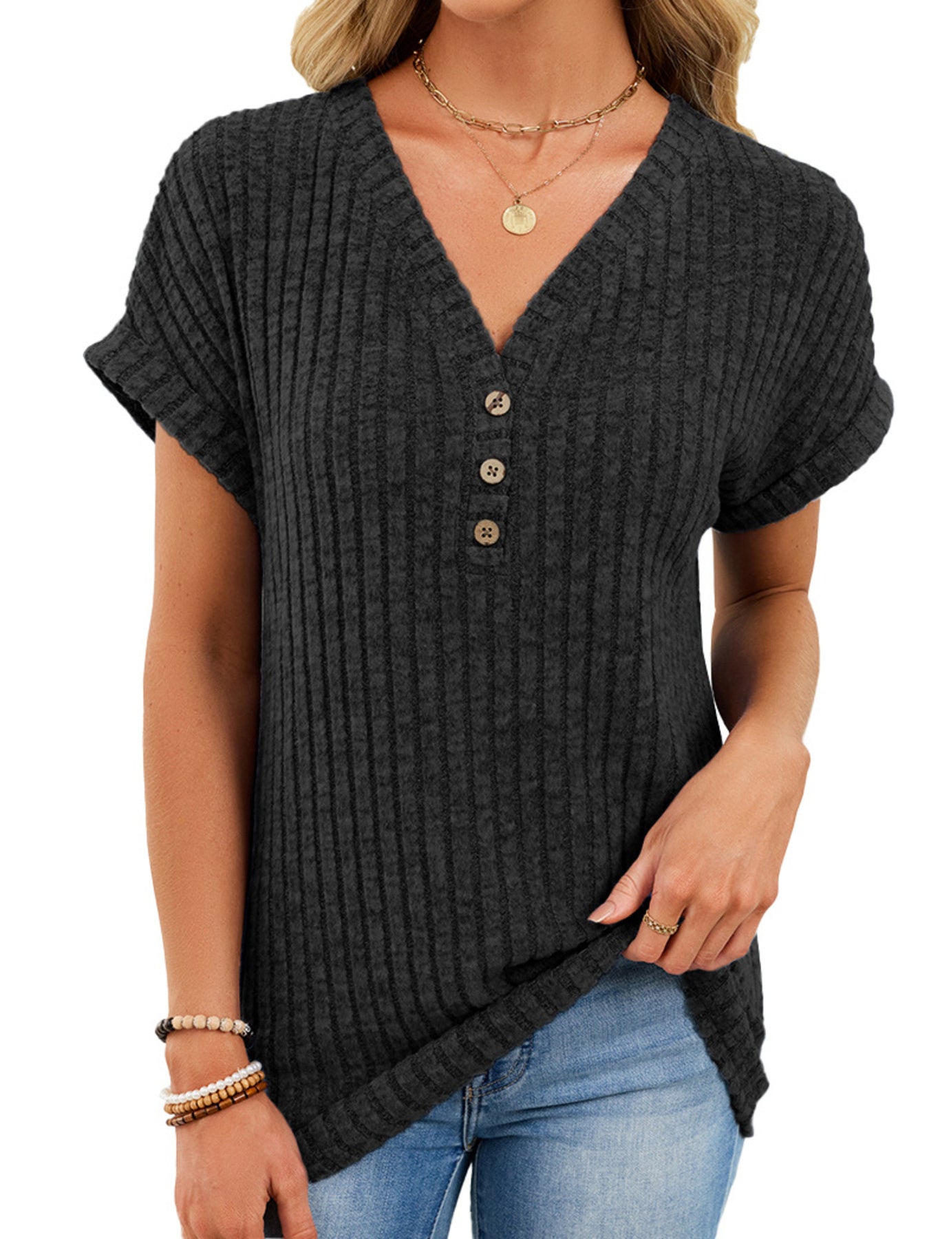 V Neck Ribbed Knit T Shirt - Be Bliss Boutique
