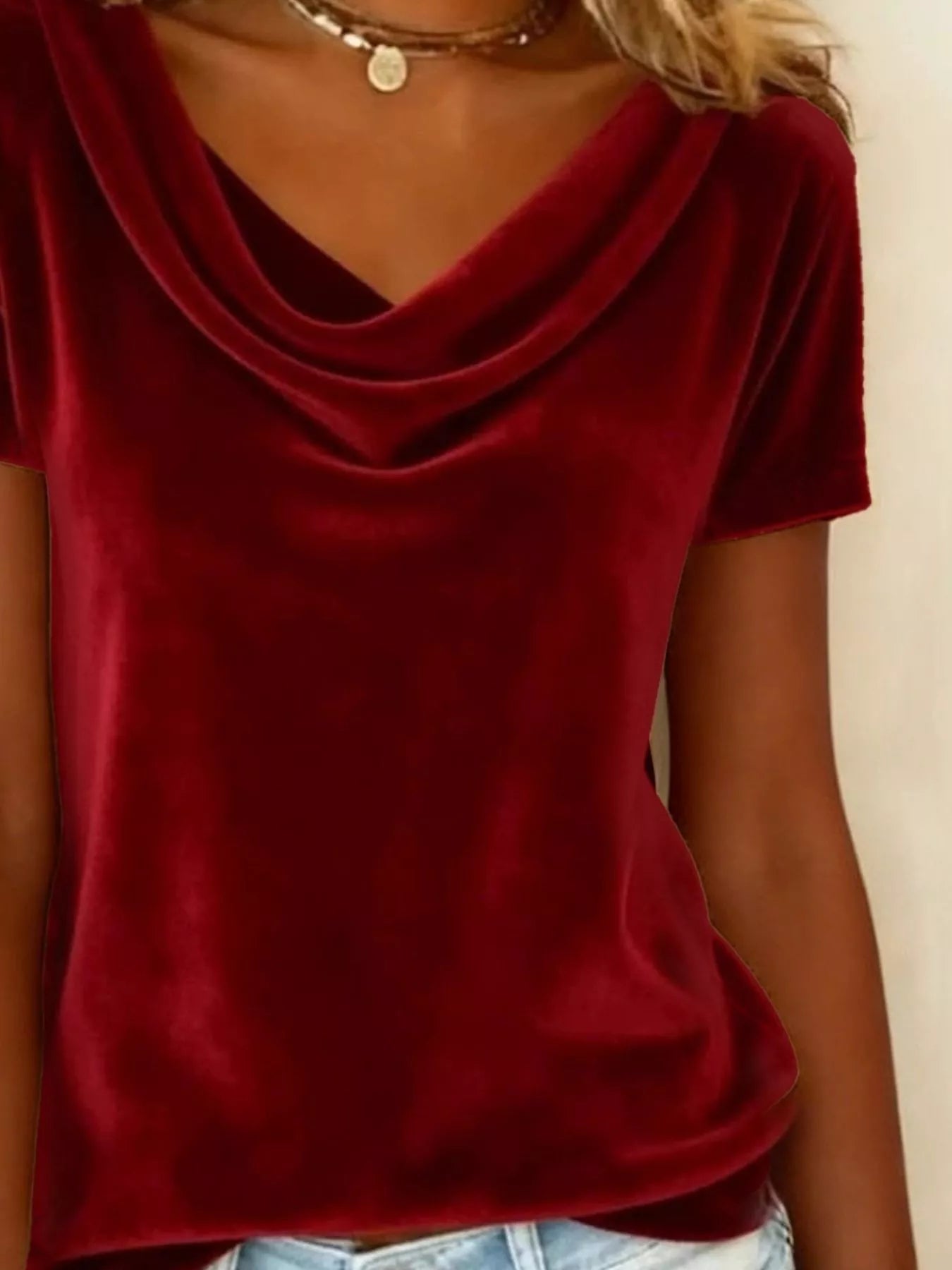 Velvet Cowl Neck Short Sleeve Top - Be Bliss Boutique