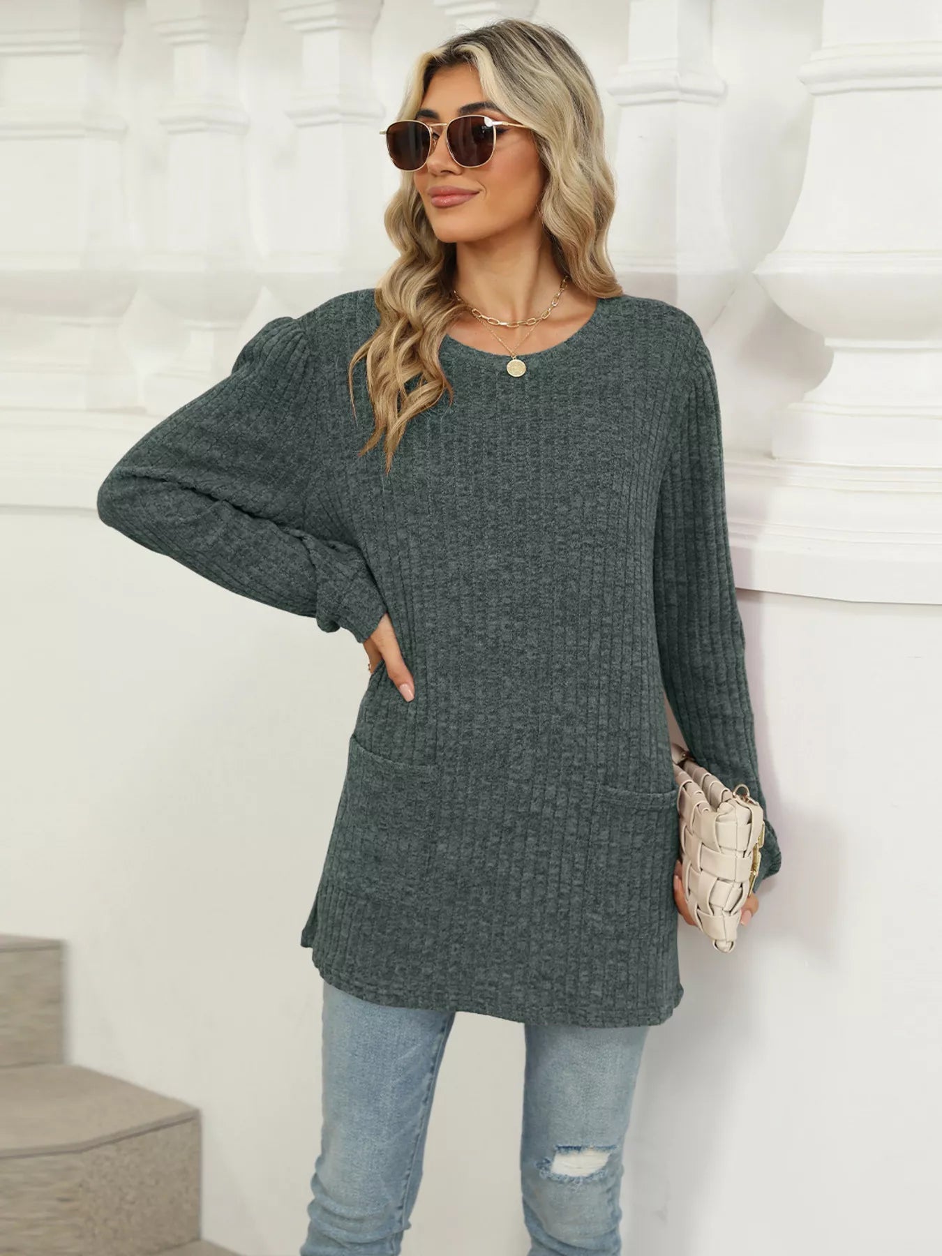 Cozy Ribbed Knit Long Sleeve Tunic Top with Pockets -  Be Bliss Boutique