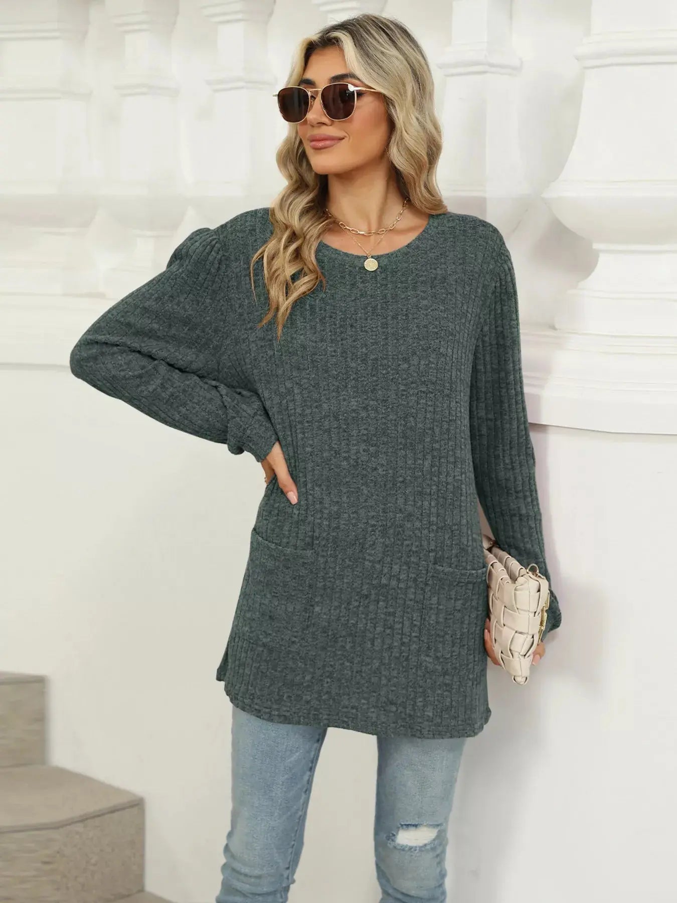 Cozy Ribbed Knit Long Sleeve Tunic Top with Pockets - Be Bliss Boutique