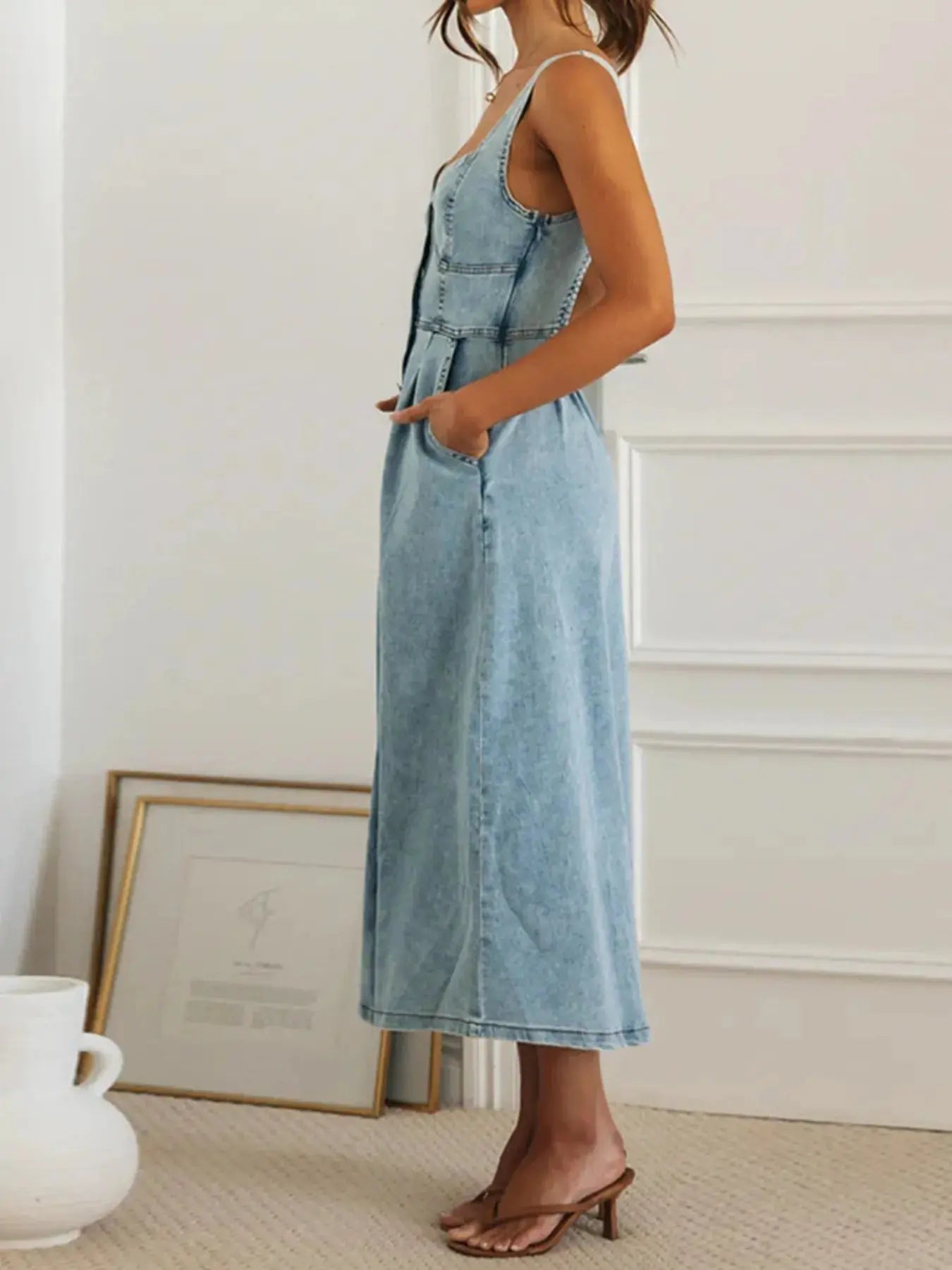 Sweetheart Neck Button-Front Pocketed Denim Midi DressĀ -Ā Be Bliss Boutique