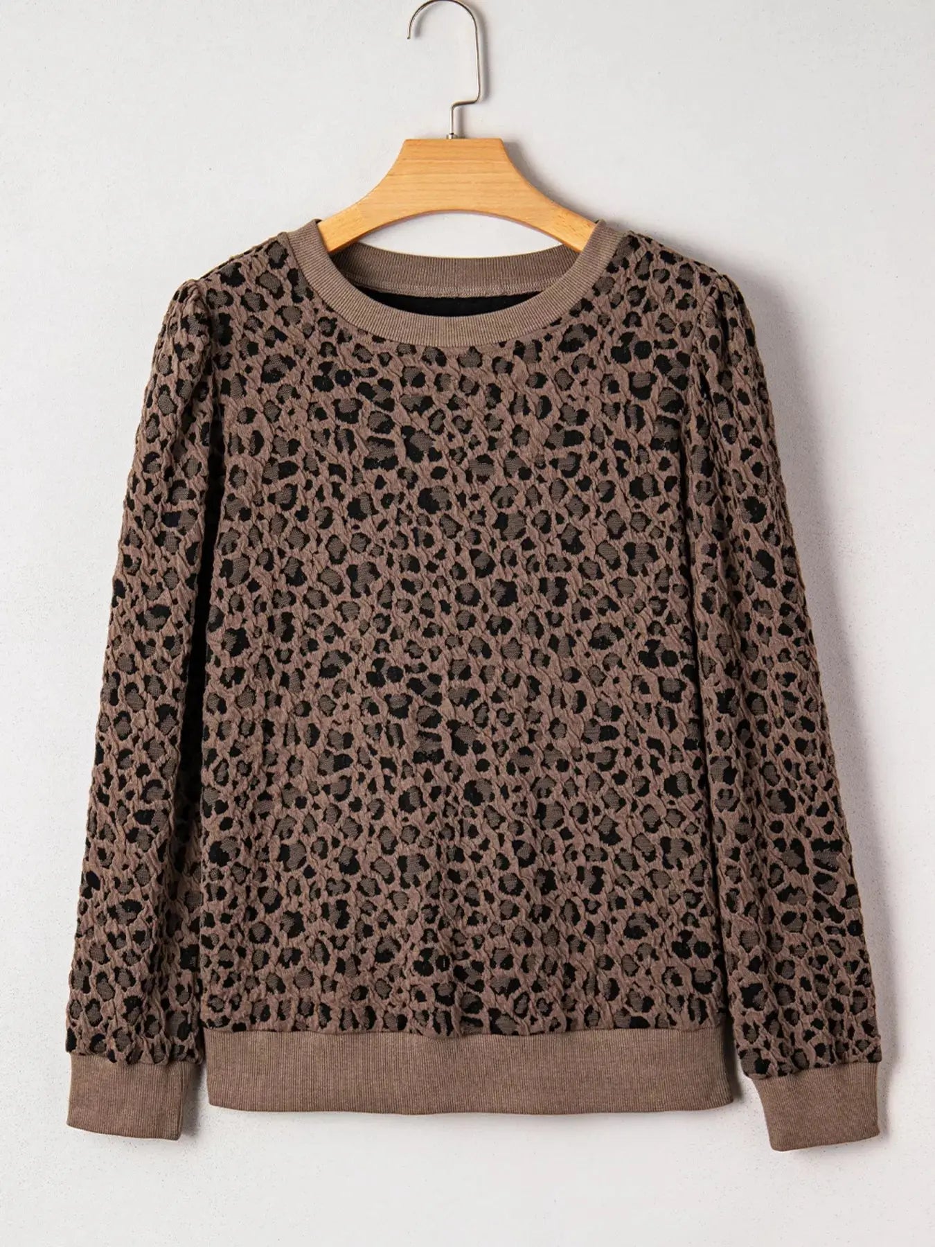 Ribbed Trim Leopard Print Long Sleeve Top - Be Bliss Boutique