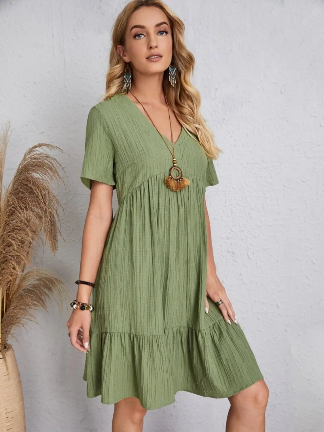 Boho Textured V-Neck Short Sleeve Babydoll Dress - Be Bliss Boutique