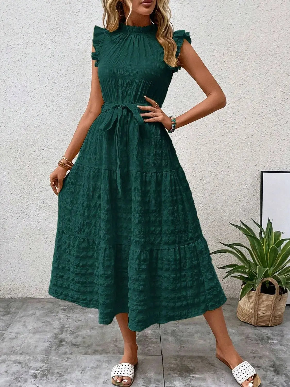Tied Ruffled Cap Sleeve Midi Dress - Be Bliss Boutique