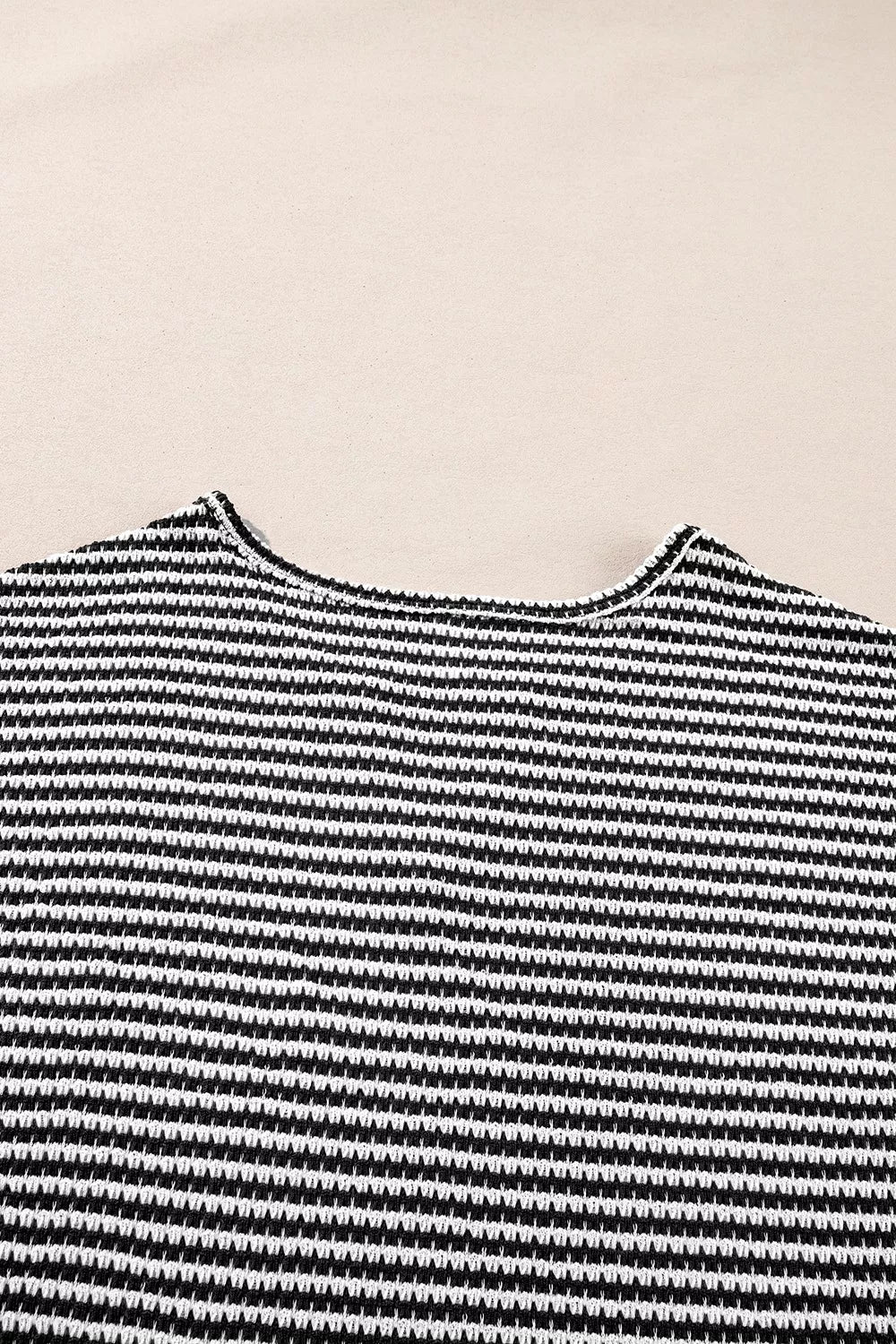 Stripe Textured Knit Notched Neck Cuffed Short Sleeve Shirt - Be Bliss Boutique